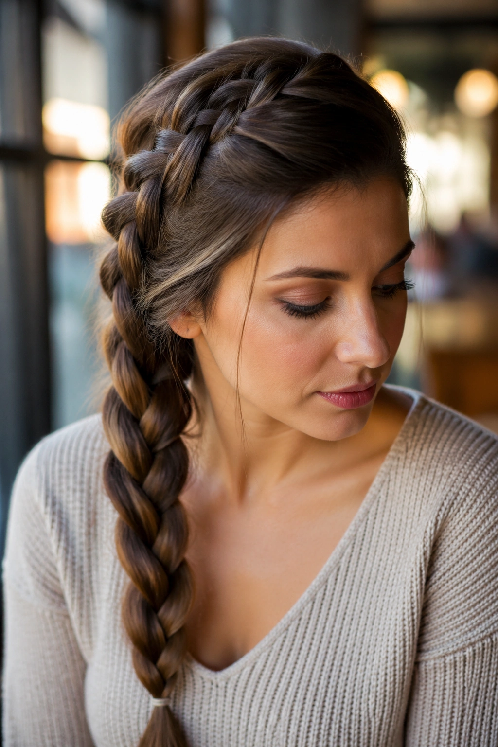 Real woman with side Dutch braid sweeping over shoulder