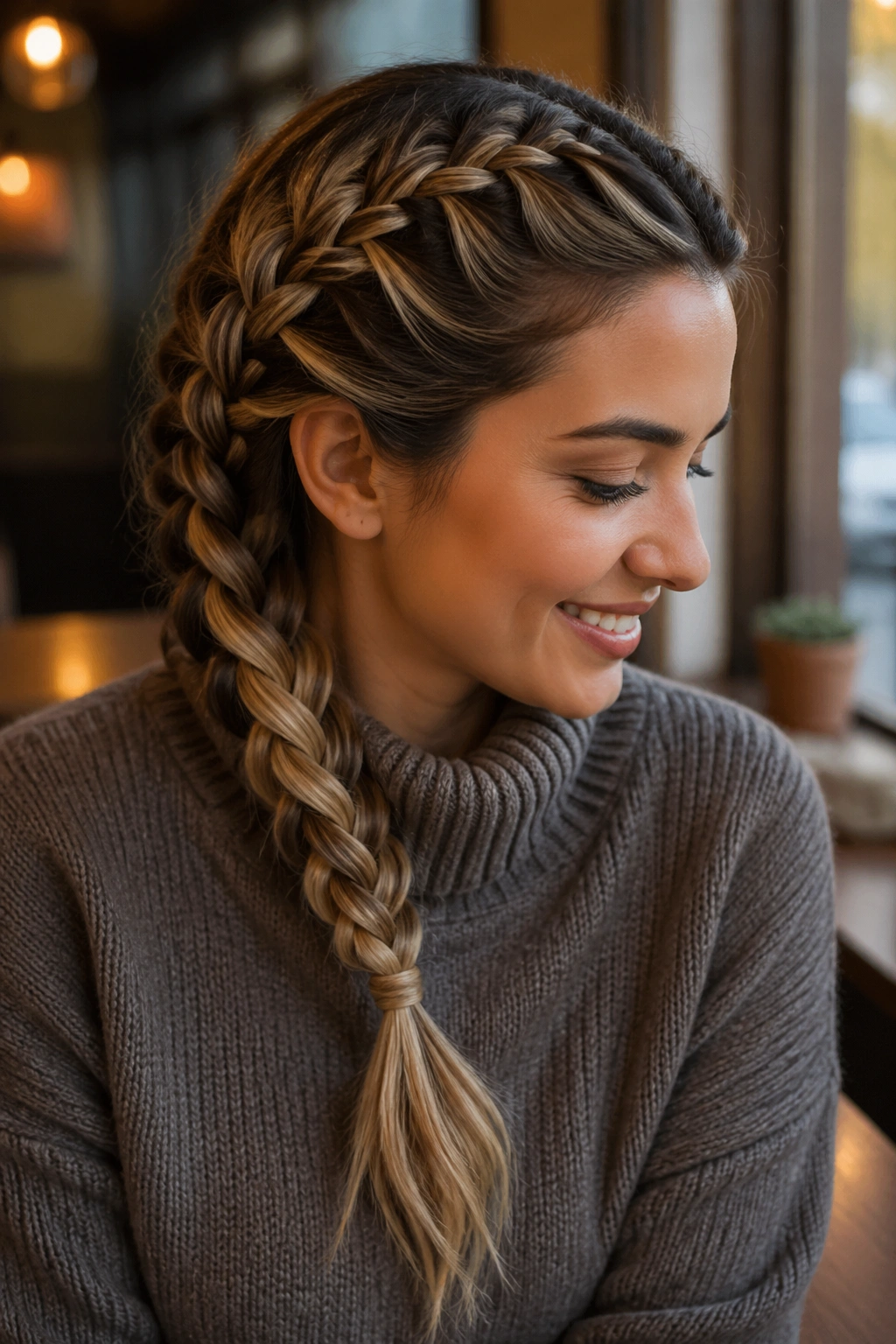 Close-up of a side Dutch braid on a real person, braid sweeping to the side.