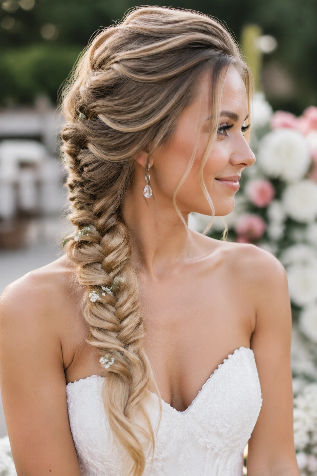 Profile view of a bride with a side fishtail braid and soft crown volume.