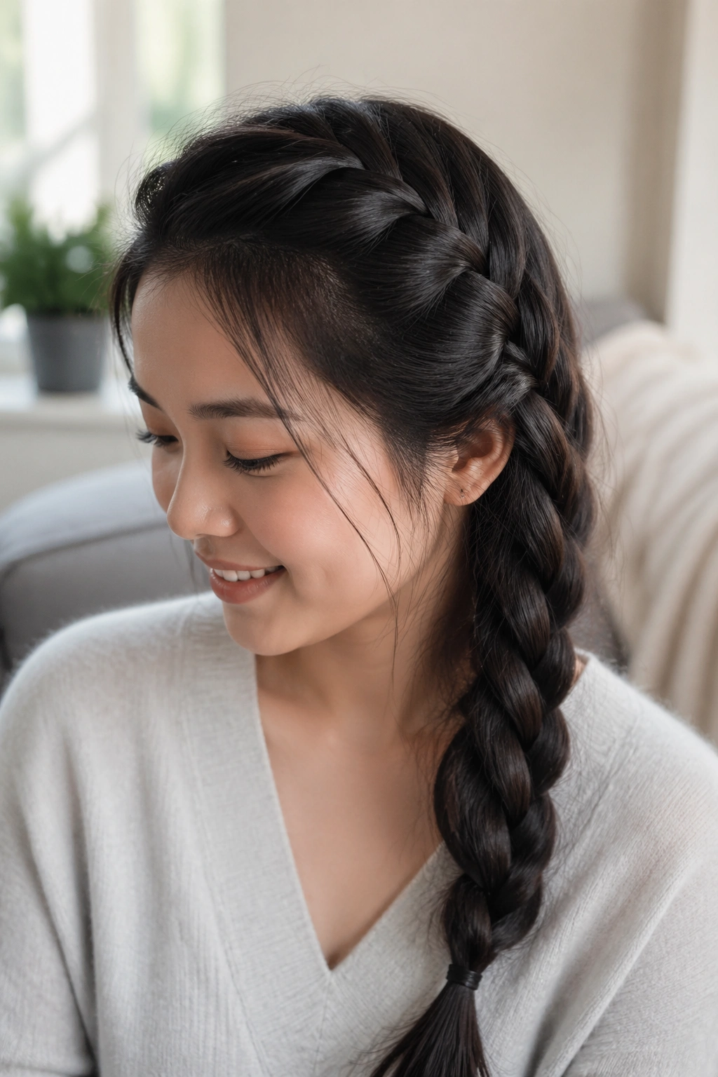 Close-up of a real person with a Side French Braid over the shoulder