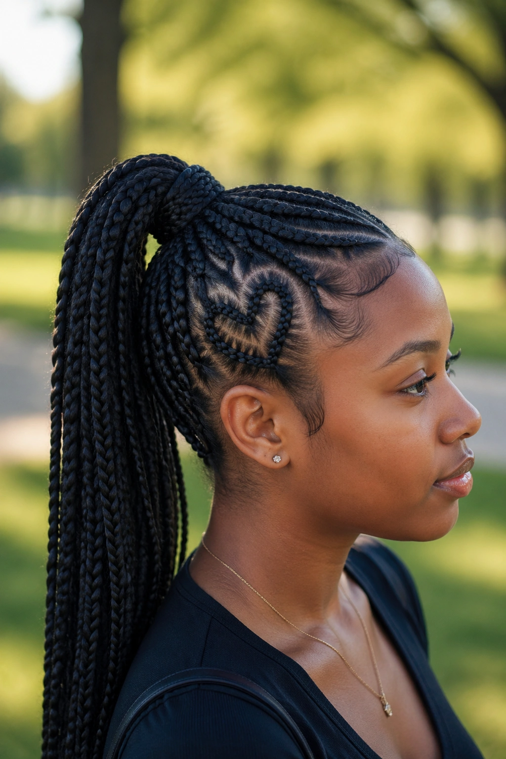 Close-up of a real woman's head with a side heart design and wrapped-base ponytail
