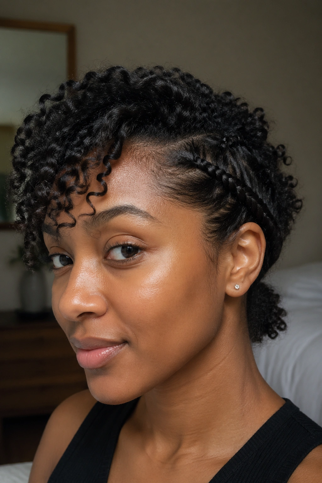 Close-up of a real woman wearing a minimal side lace braid starting at the temple