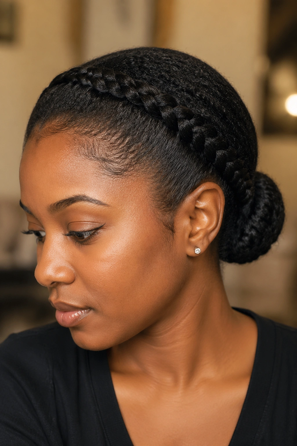 Close-up of a real Black woman's head with Type 4 hair showing a side lace braid and flat bun