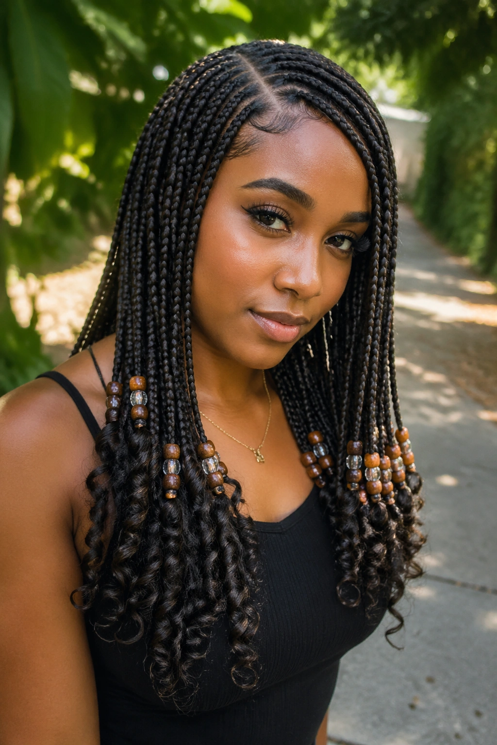 Real woman with side-part braids beads, curly ends outdoors