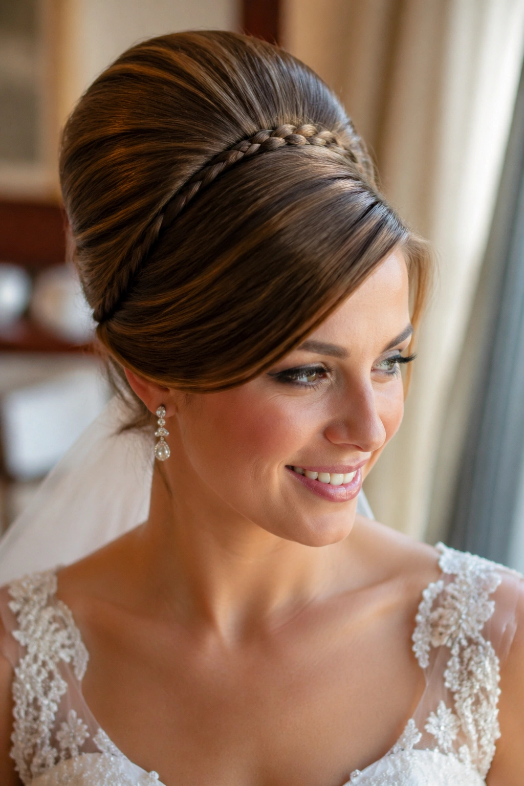 Bride with side-part beehive and braided headband in bright room