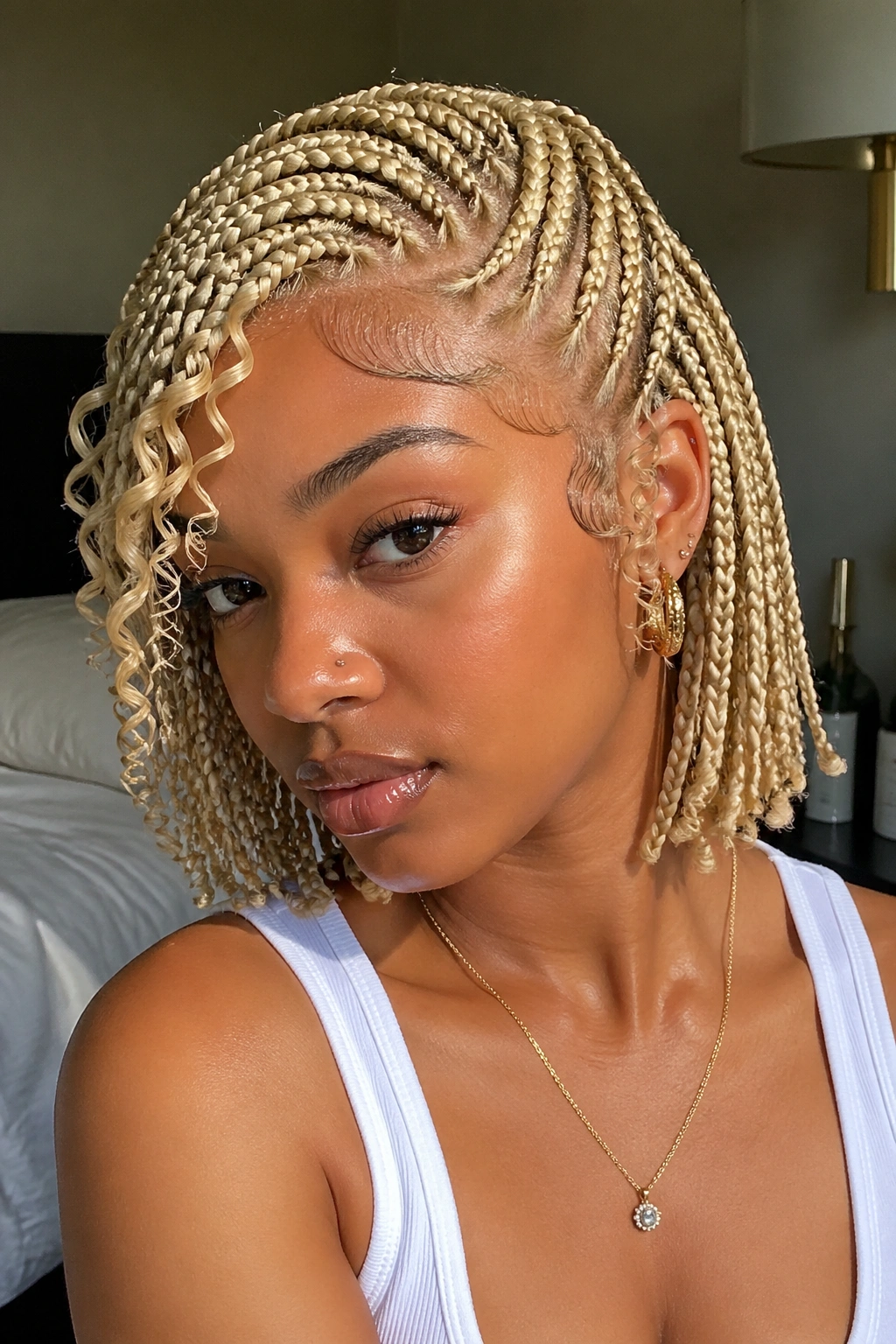 Real woman with deep side-part blonde box braids and curly fringe