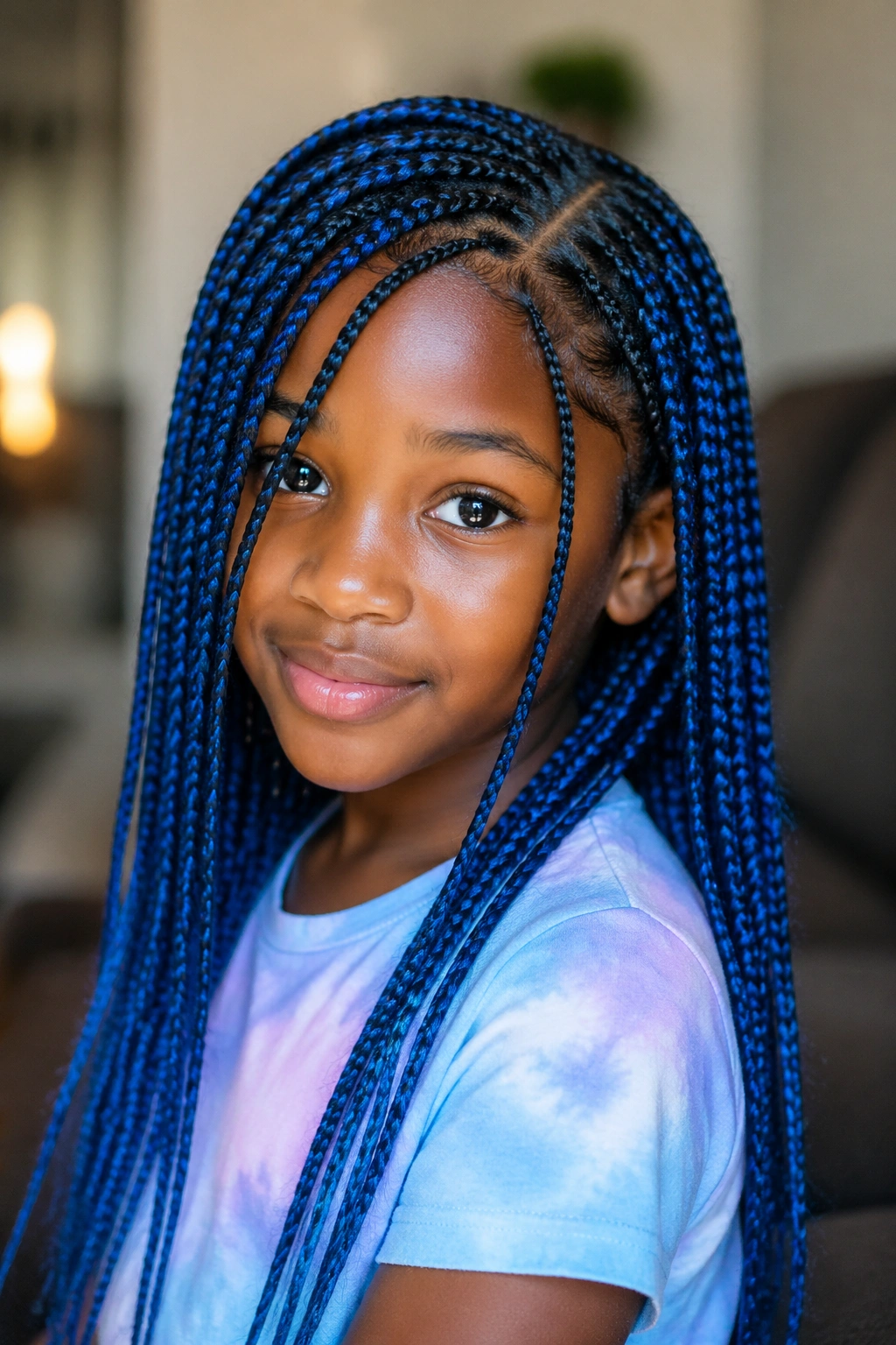 Close-up of a child with side-part blue box braids and face-framing pieces