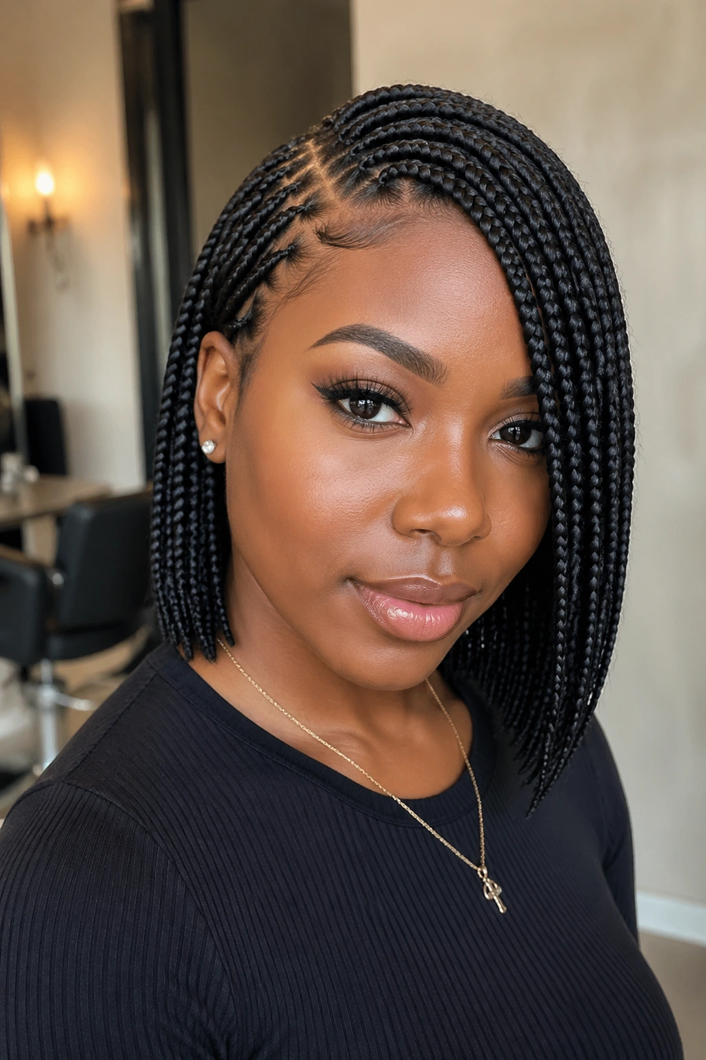 Close-up of a real Black woman wearing a side-part sleek box braid bob