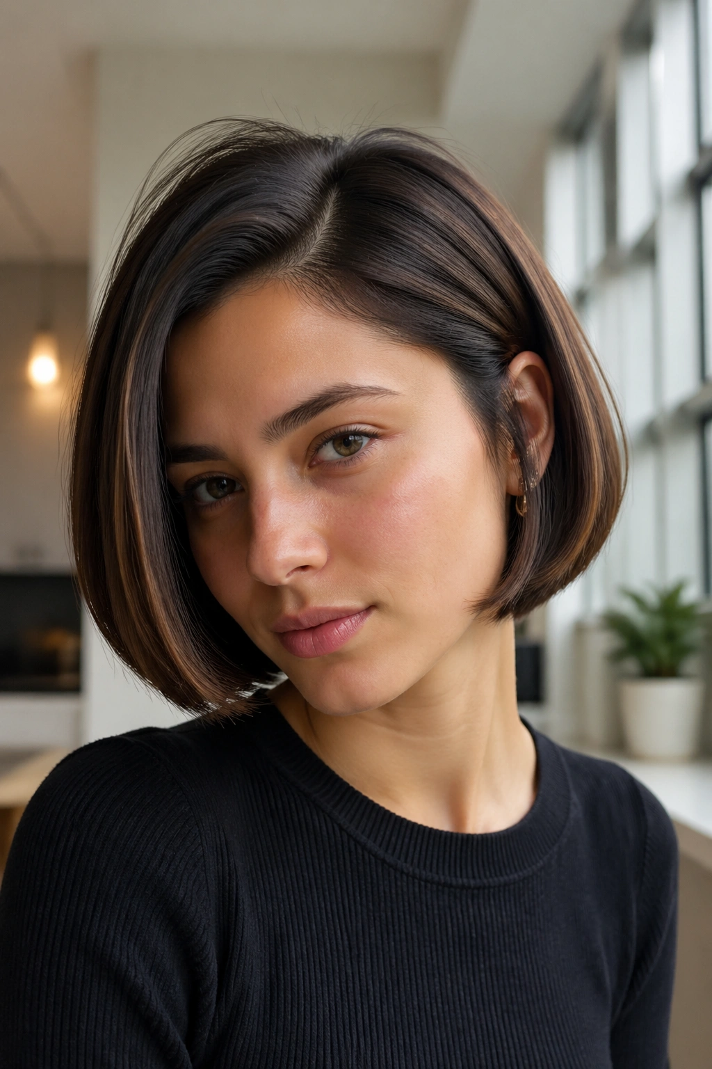 Close-up of a real woman with a deep side-part bob