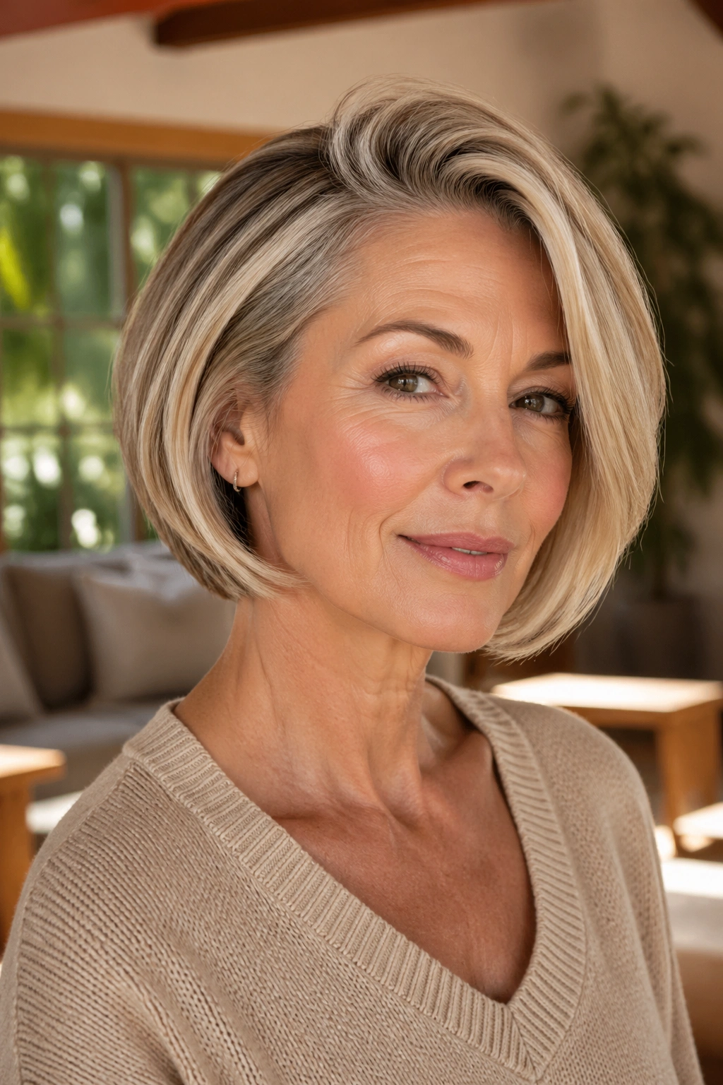 Close-up portrait of a woman with a side-part bob and lift at the crown in natural light.