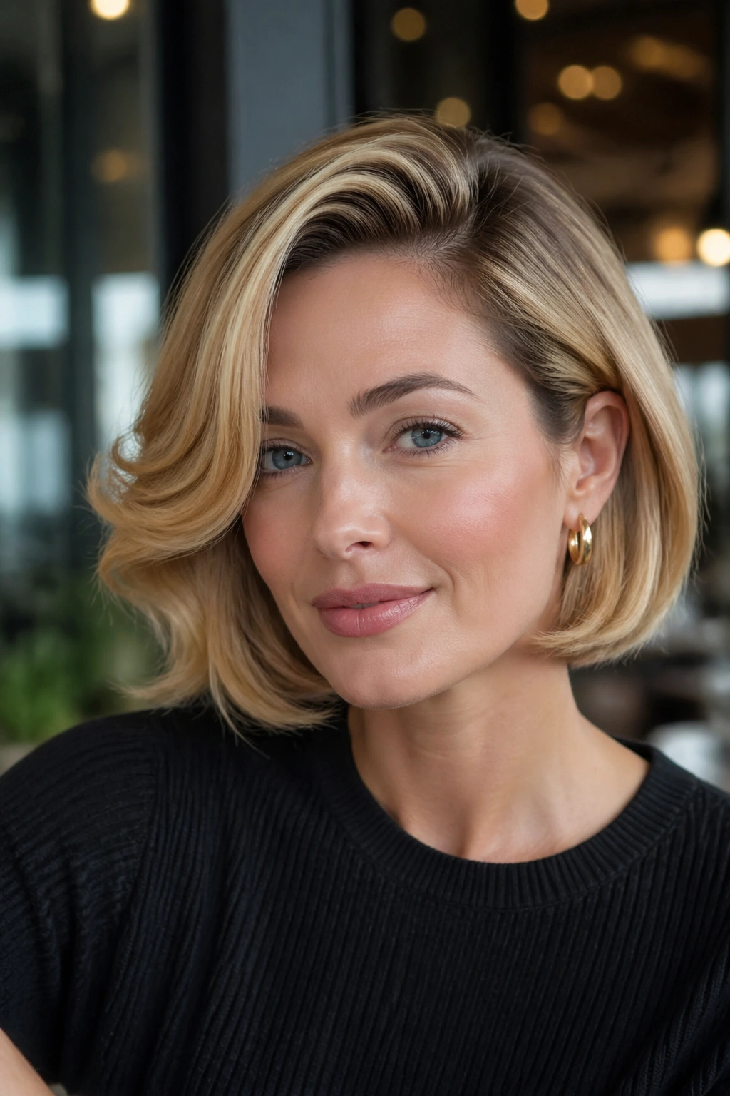 Close-up of real woman with side-part bob and vintage bend in honey blonde