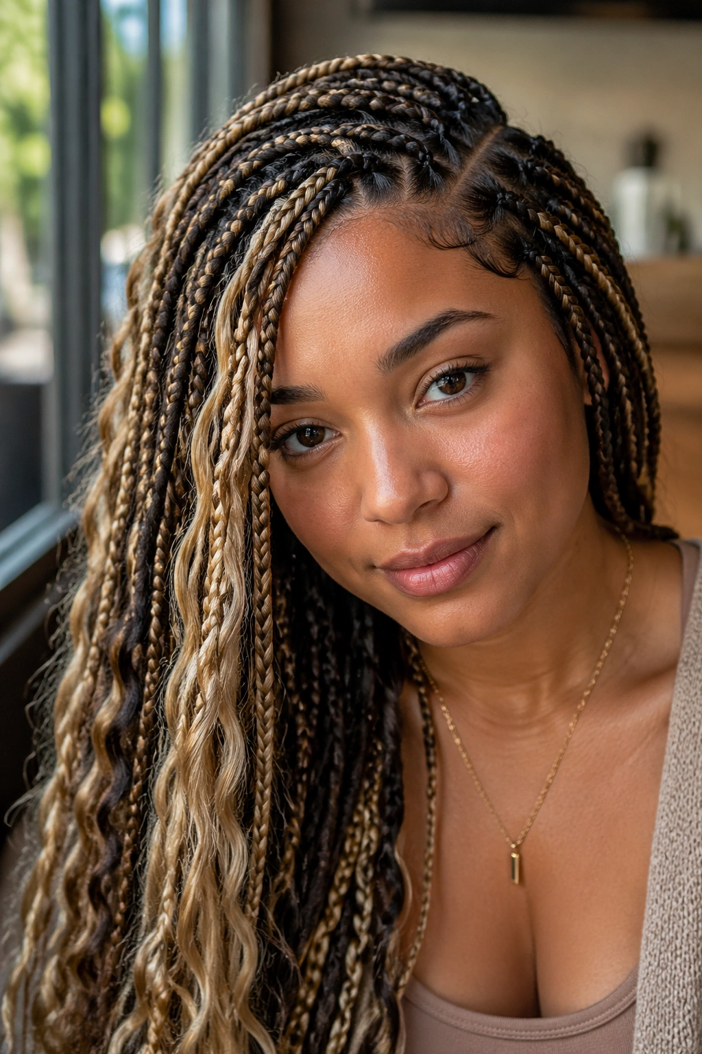 Close-up of side-part glam boho box braids on a real person with blonde front strands.