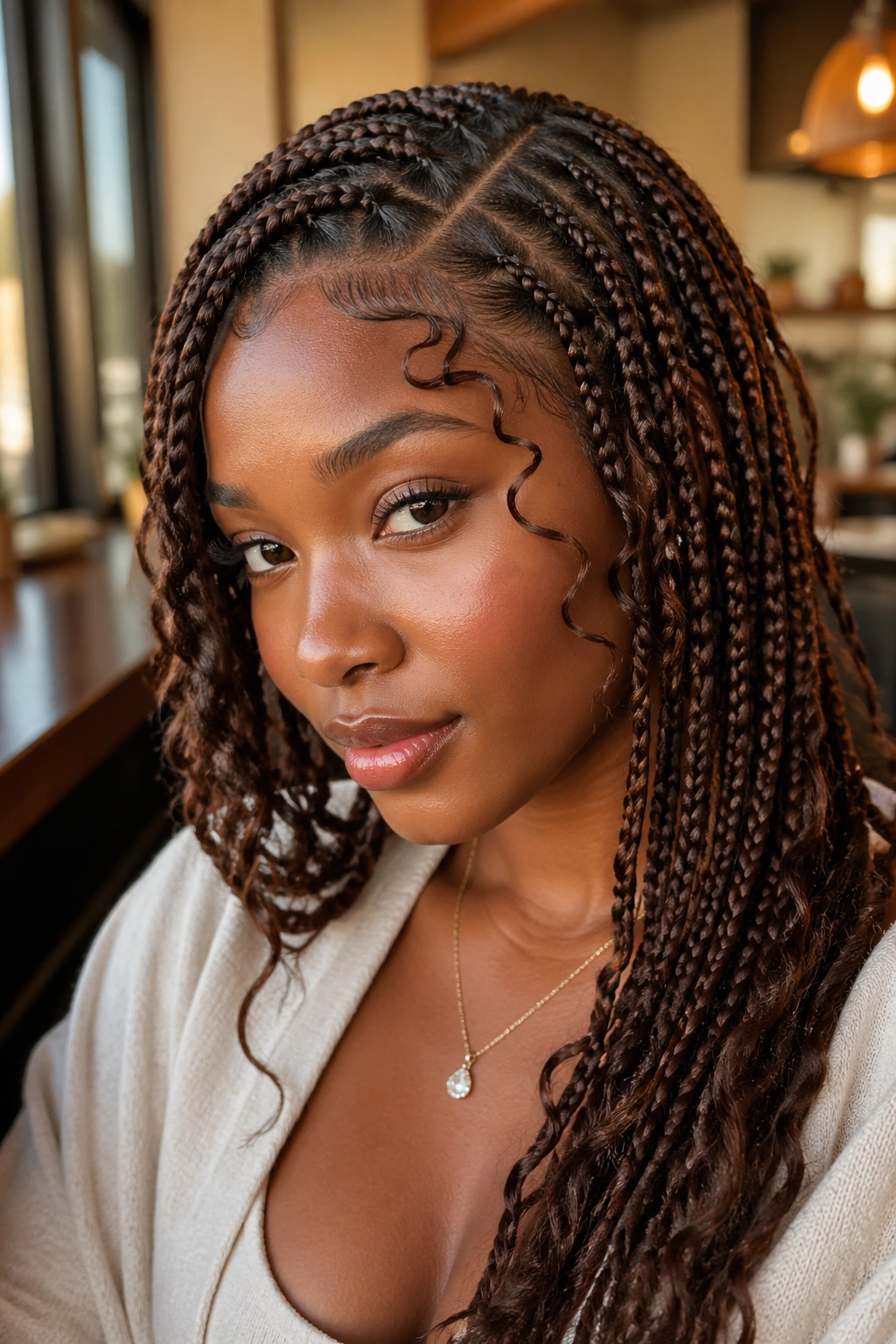 Portrait of a real woman with side-part brown boho braids and face-framing swirls