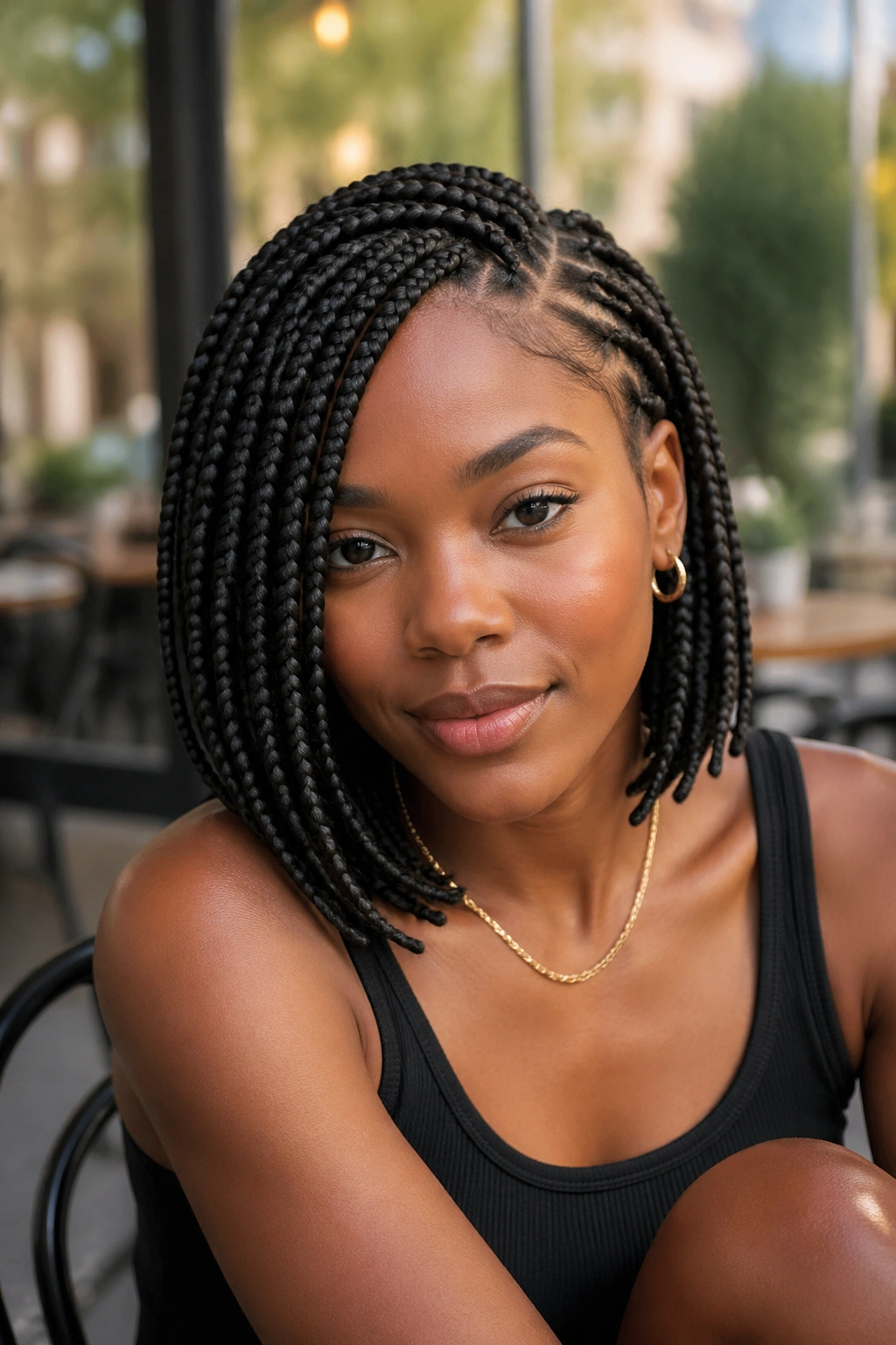 Medium close-up of a real woman with side-part bob-length box braids