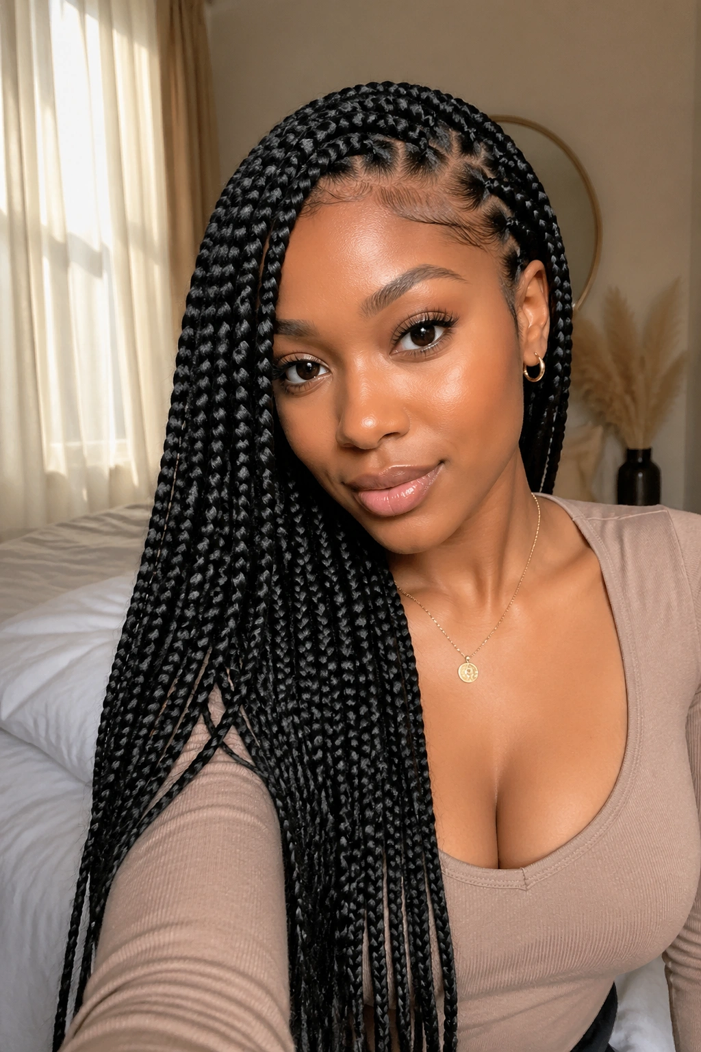 Close-up of a real woman with side-part medium feed-in box braids