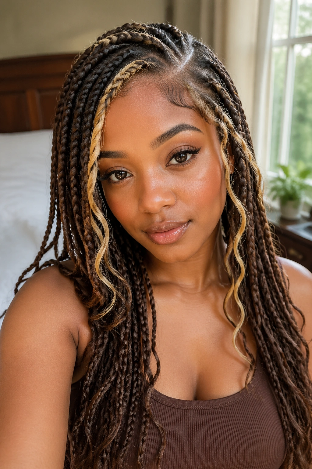 Close-up of a real woman with side-part box braids and face-framing blonde tendrils.