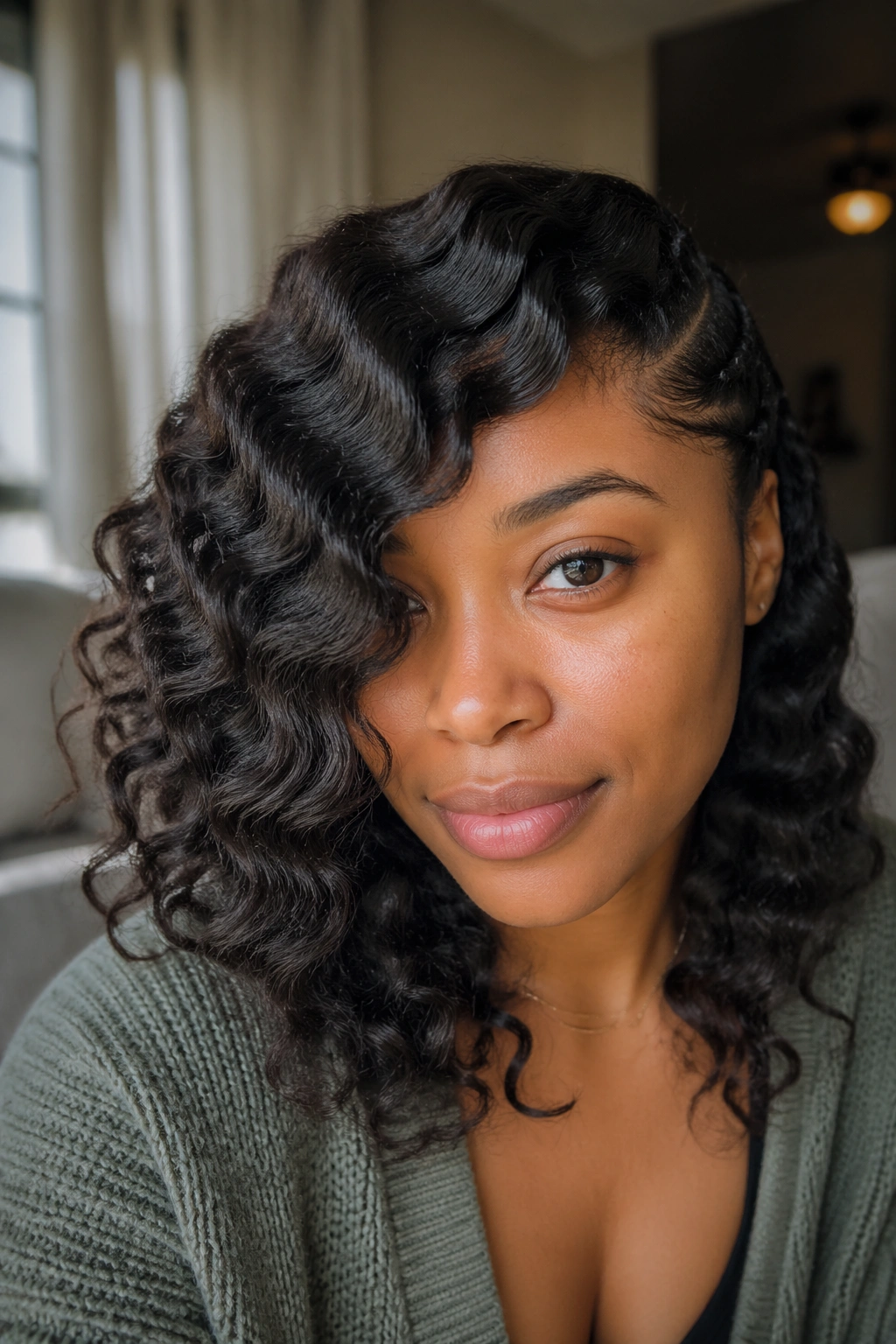 Close-up portrait of a real person with a side-part braid-out framing the face.