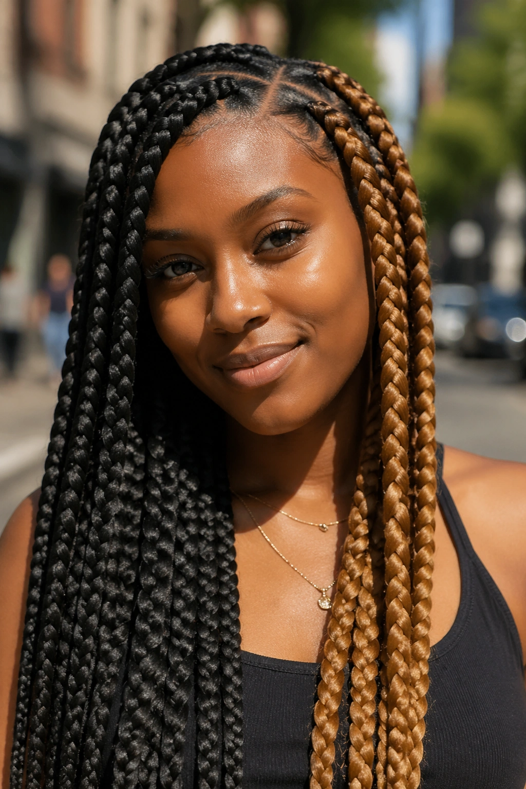 Real woman with a deep side-part and color-block jumbo braids