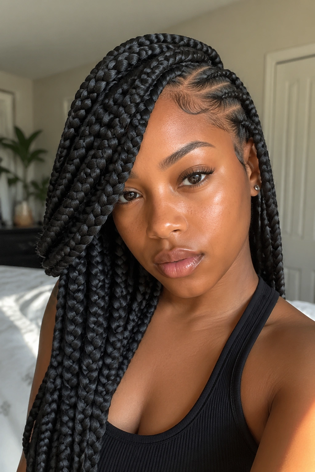 Close-up of a real person with a side-part braid deep flip and volume
