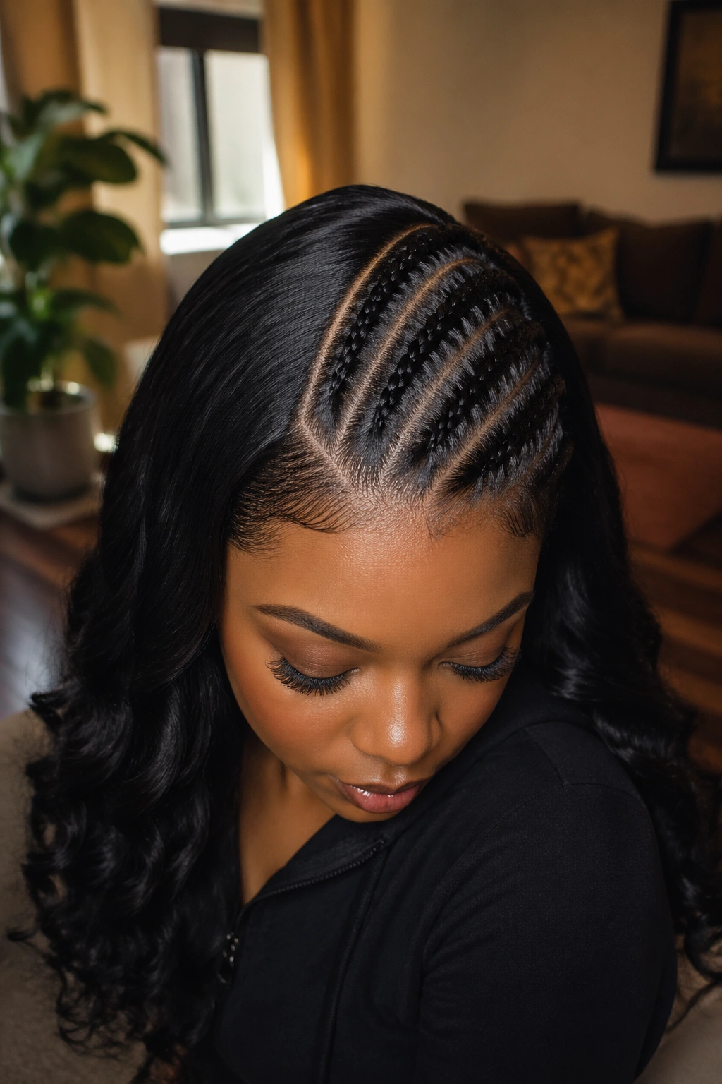 Close-up of a deep side-part braid pattern on a real person