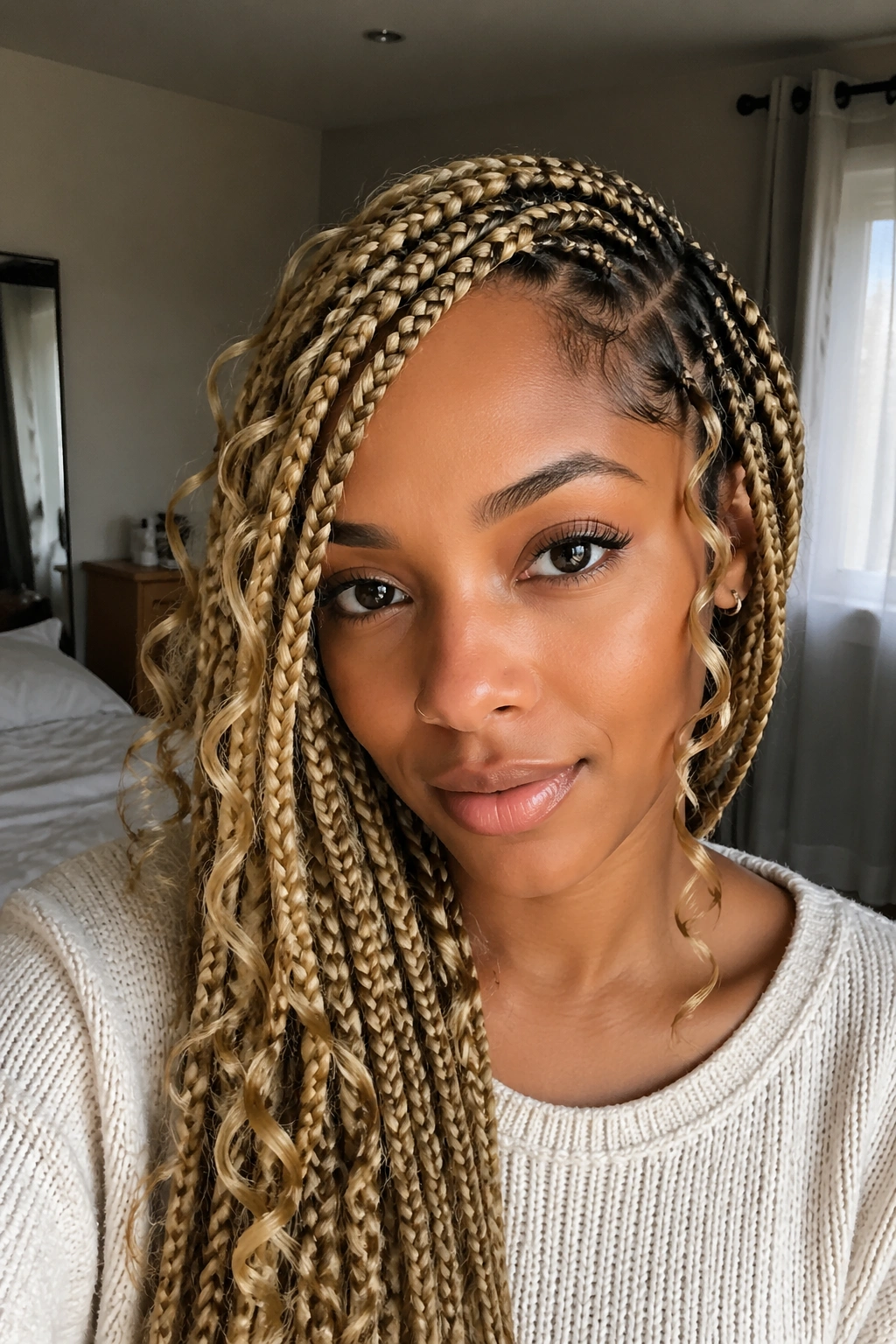 Close-up of side-part blonde box braids with face-framing curls on a real person.