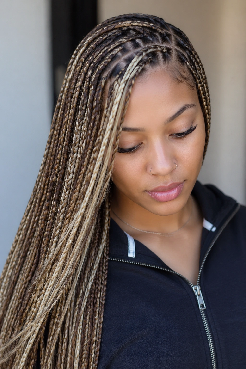 Close-up of side-part knotless braids with light front pieces