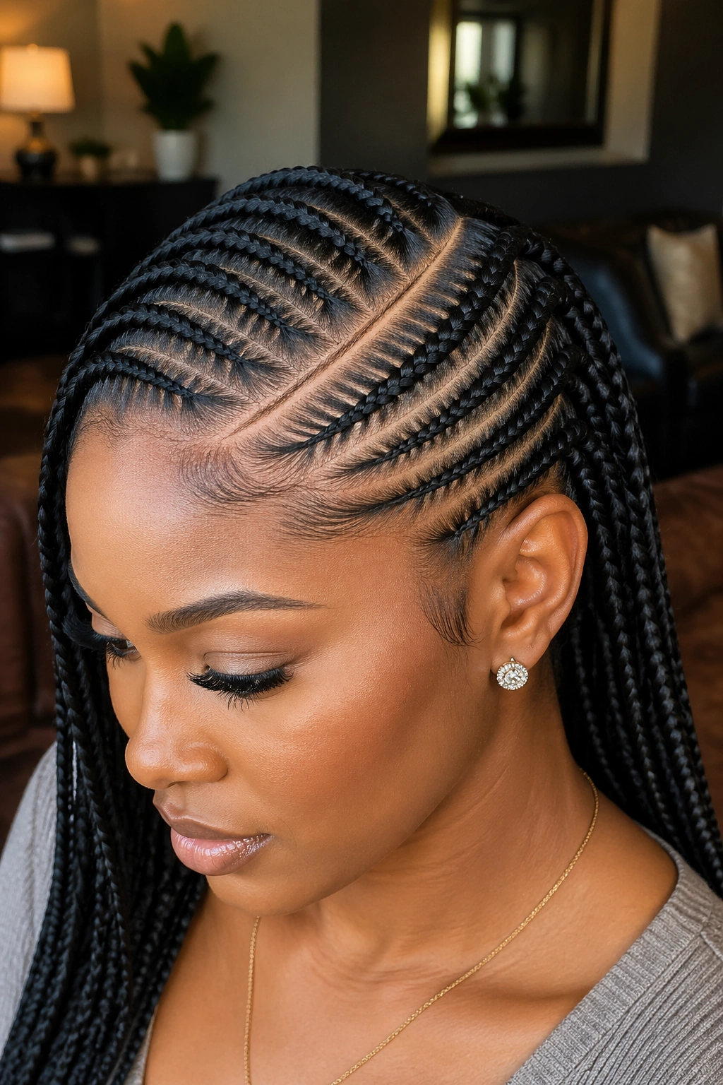 Close-up of Side-Part Braids sweeping softly across the head on a real person