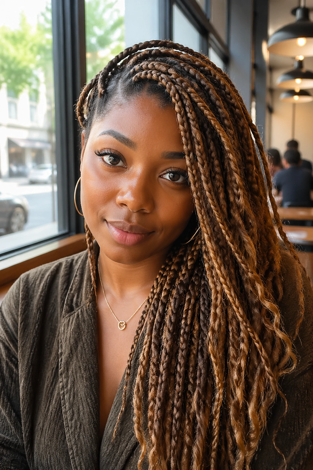 Close-up of a real person with side-part bronze goddess box braids
