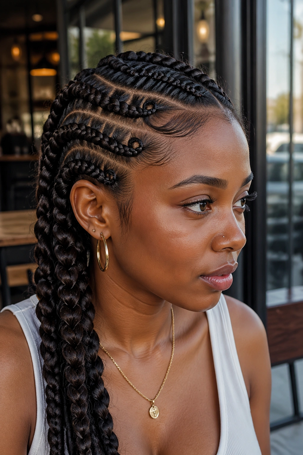 Real person with side-part butterfly braids in an urban setting