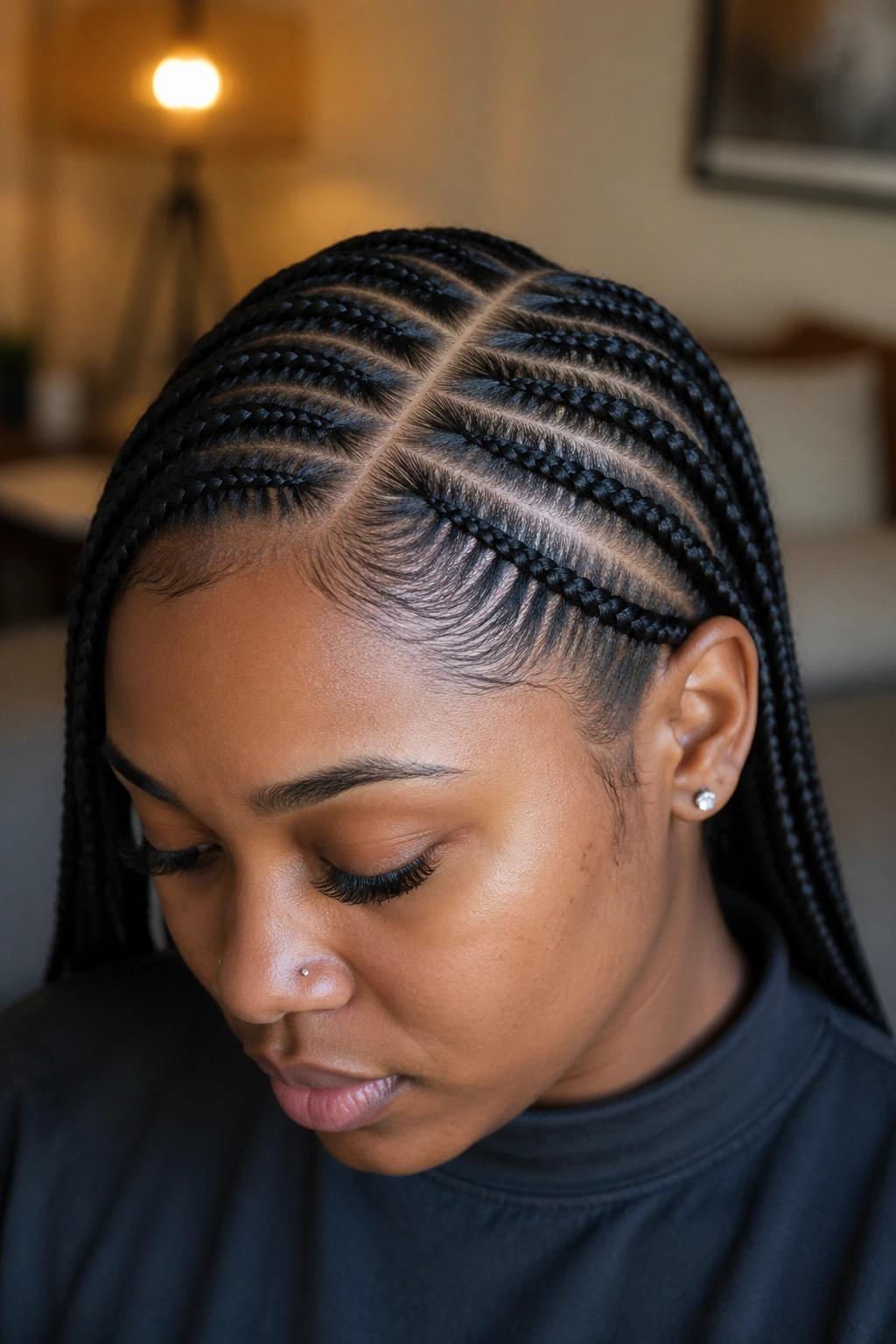 Close-up of a real person with a side-part cornrow base along the temple.