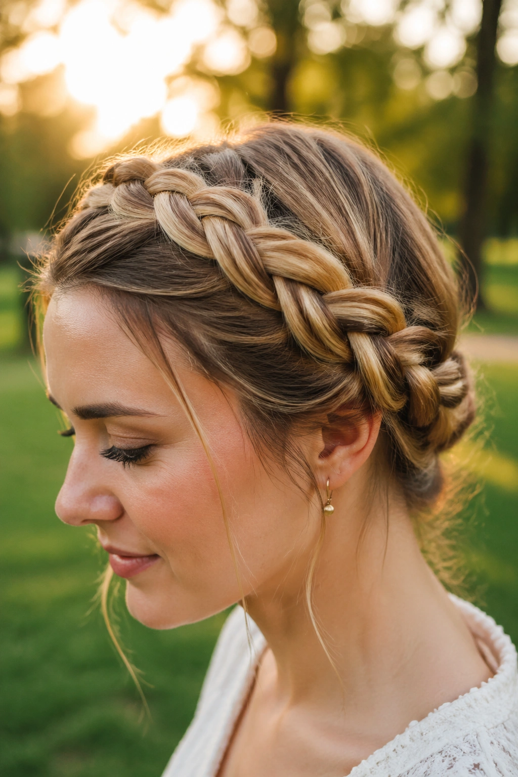 Close-up of a side-part crown braid on a real woman in golden hour light