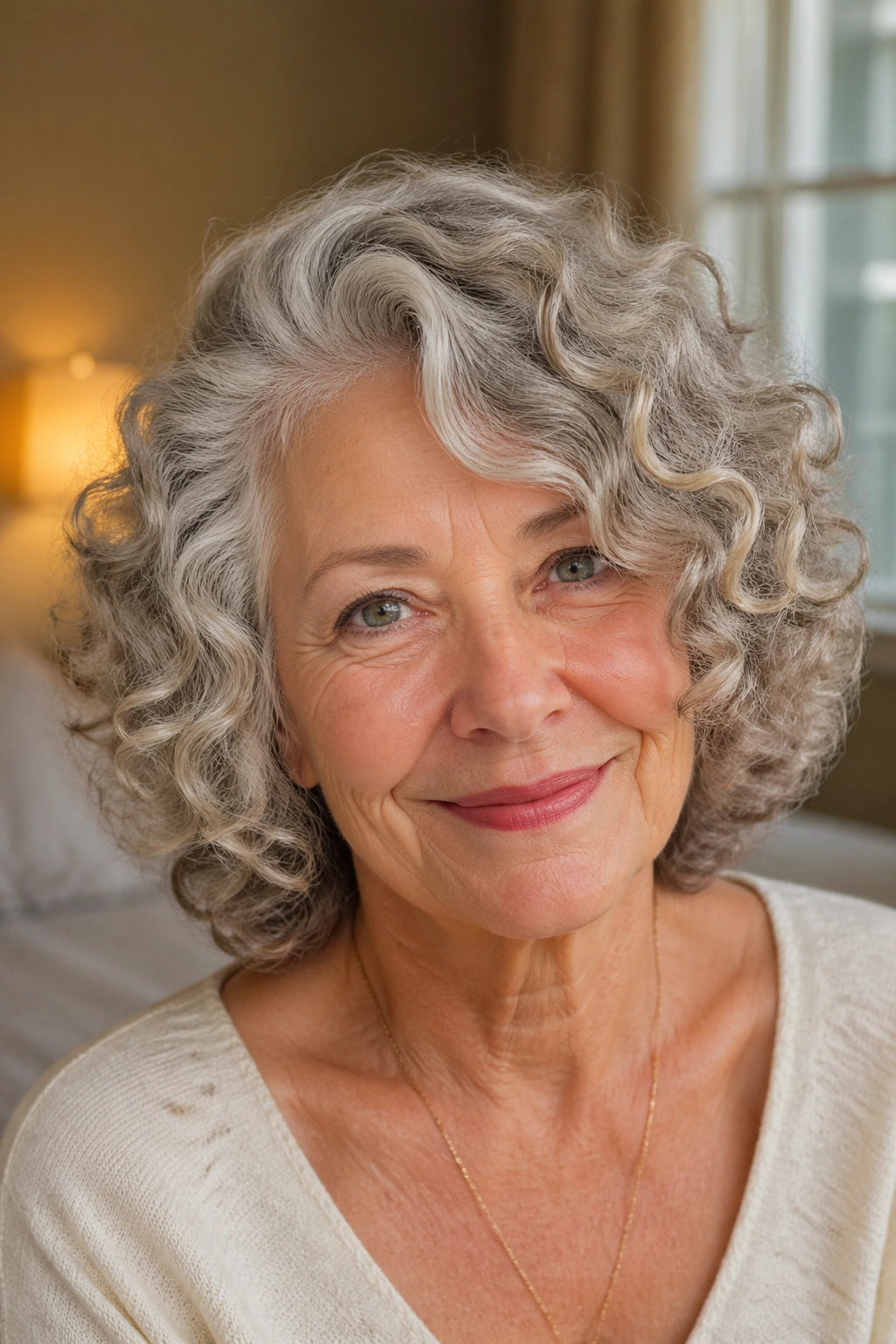 Close-up of a real woman with side-parted soft curls in warm bedroom light