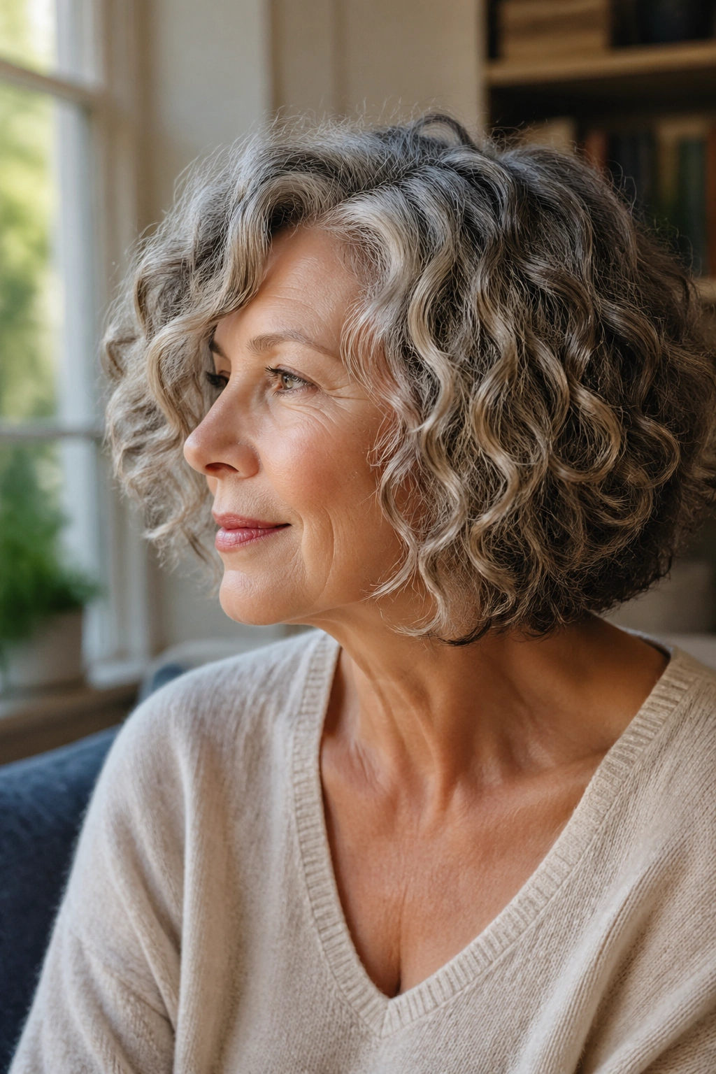 Side-part curly bob with long fringe on real woman's profile