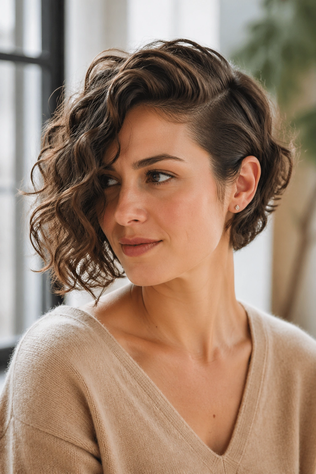 Close-up of real woman with side-parted curly bob