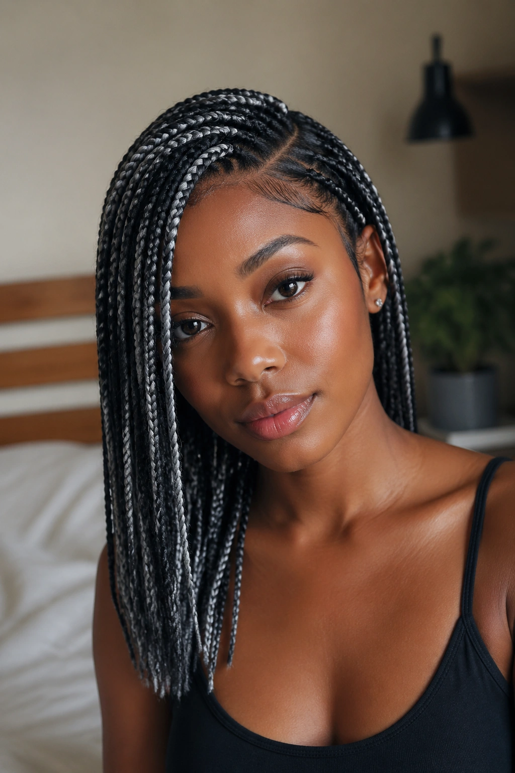 Side-part grey box braids close-up on a real person with silver highlights in a softly lit bedroom