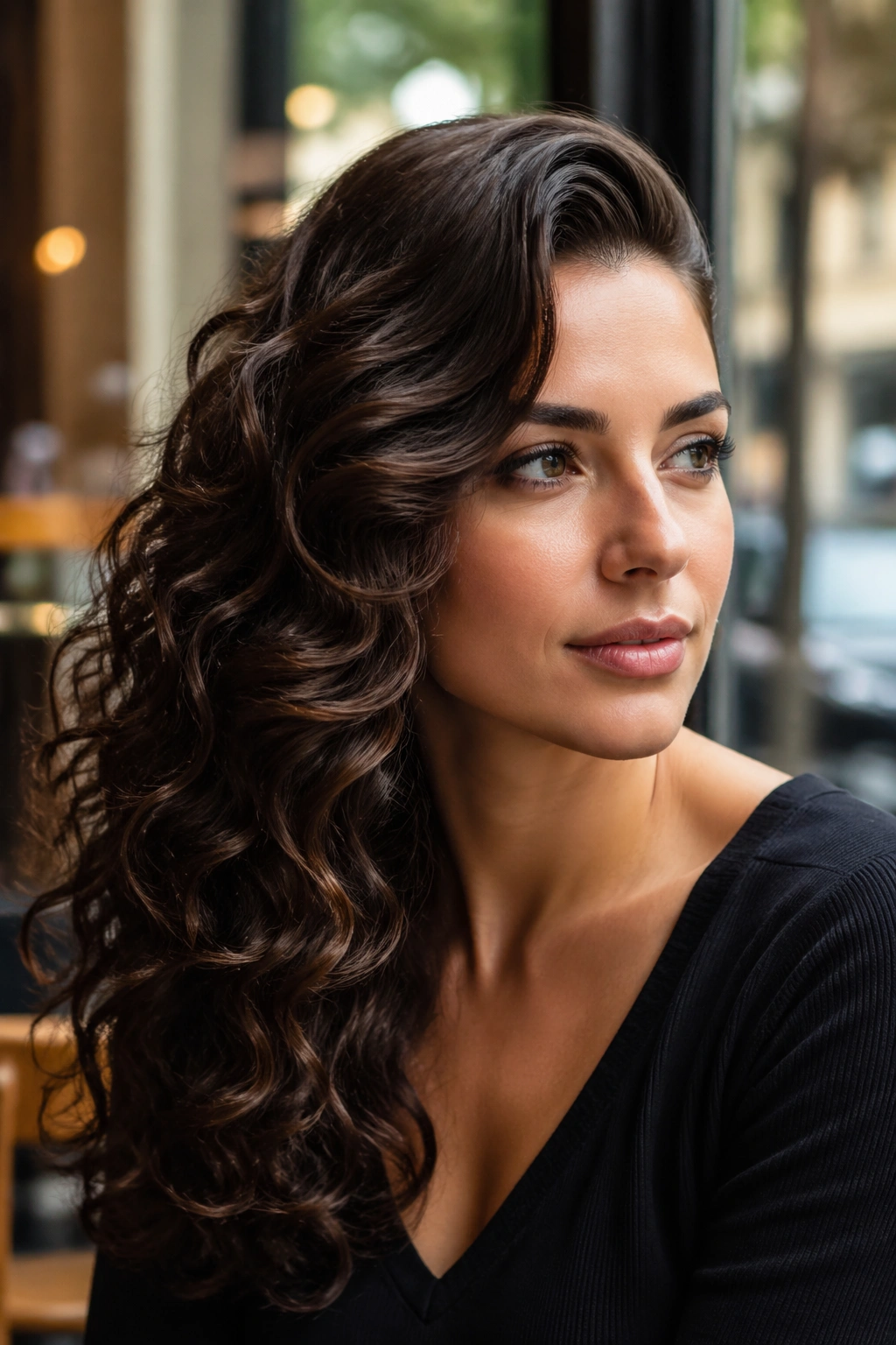 Close-up of a person with a side-part Hollywood wave hairstyle