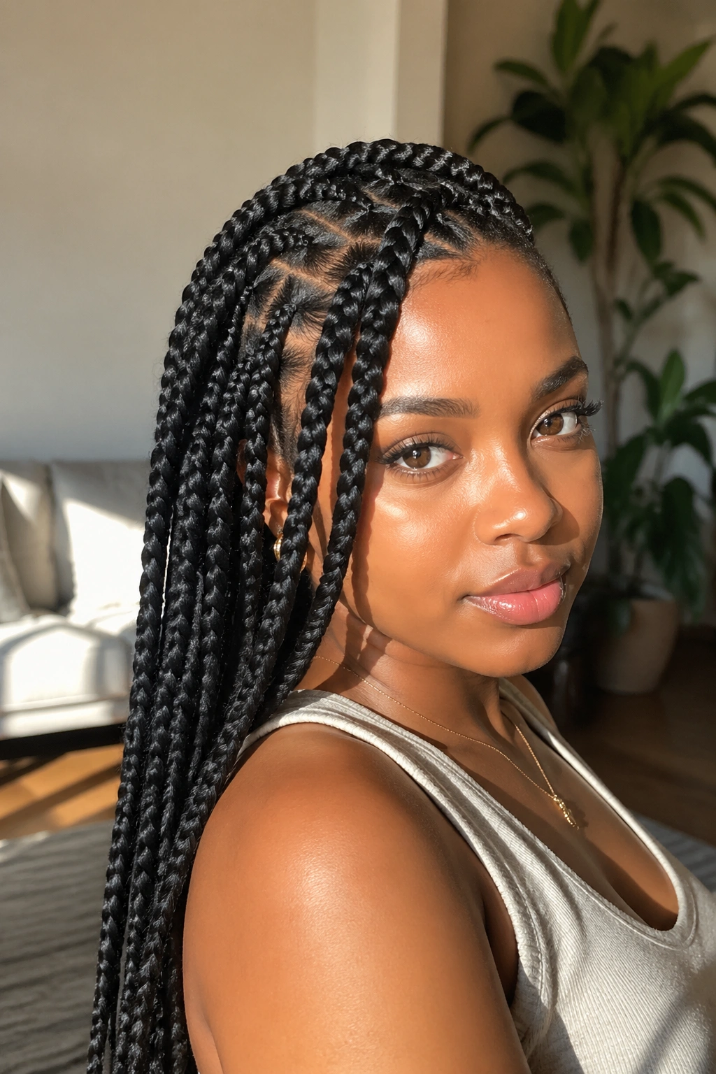 Close-up of side-part jumbo knotless braids with face-framing pieces on a real person