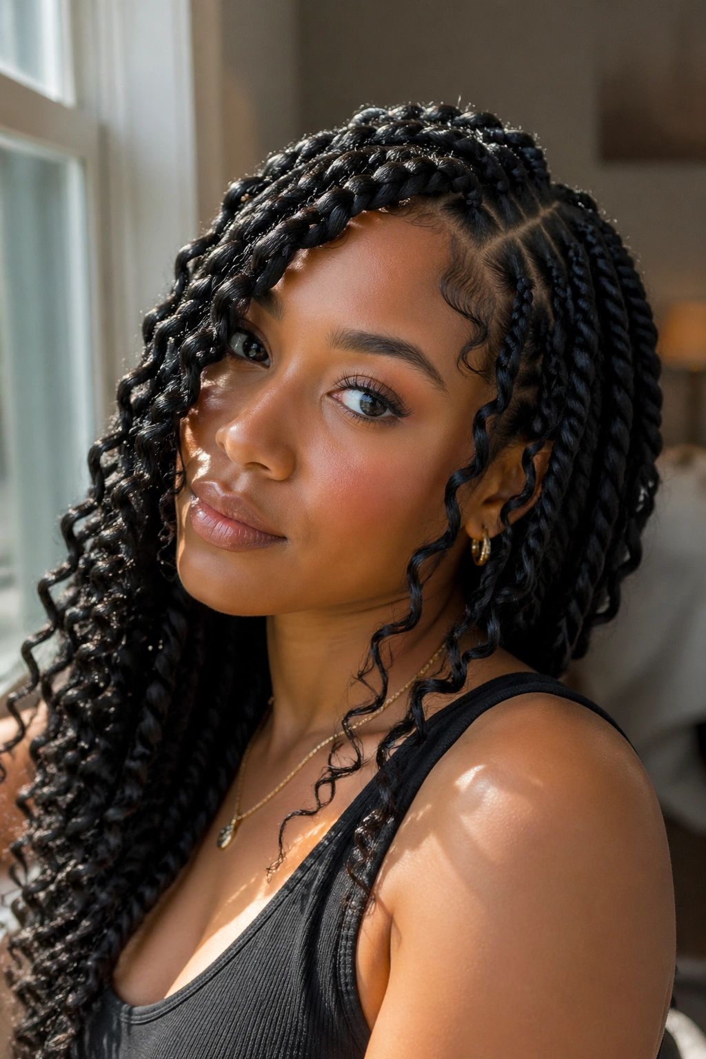 Real woman with side-part jumbo goddess braids sweeping across her face
