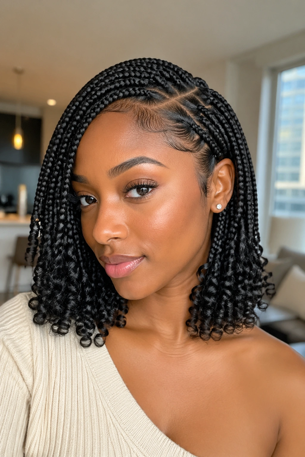 Close-up of a real woman with a deep side part knotless box braids and curly ends along the jawline