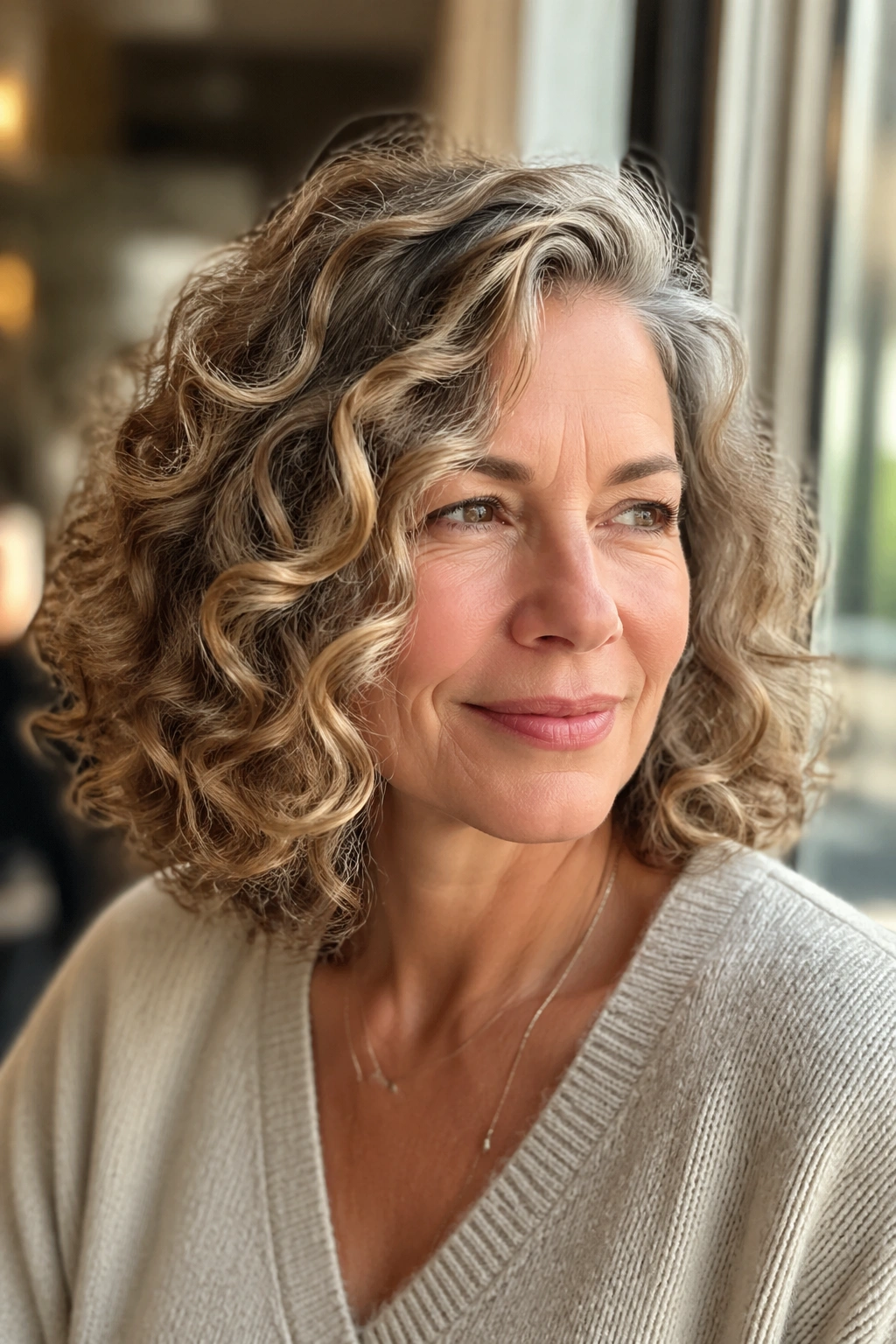 Close-up of real woman with side-part lob, curls framing face in warm cafe light