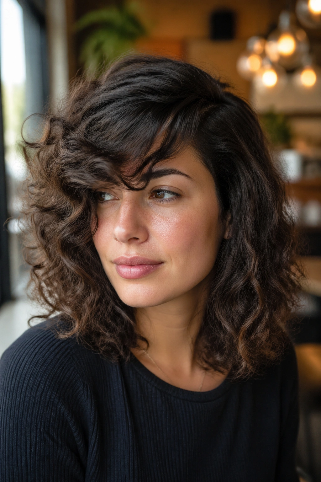 Close-up portrait of a woman with a deep side-part lob and dramatic fringe