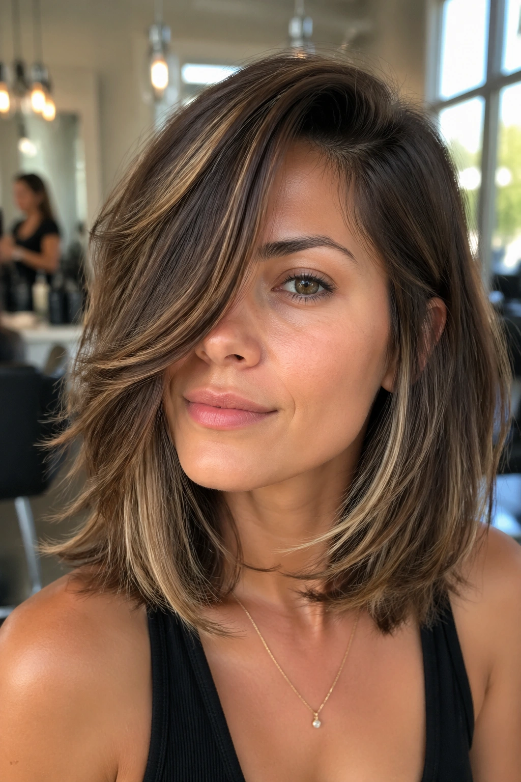 Close-up of a real woman with a side-part layered lob in a sunlit salon