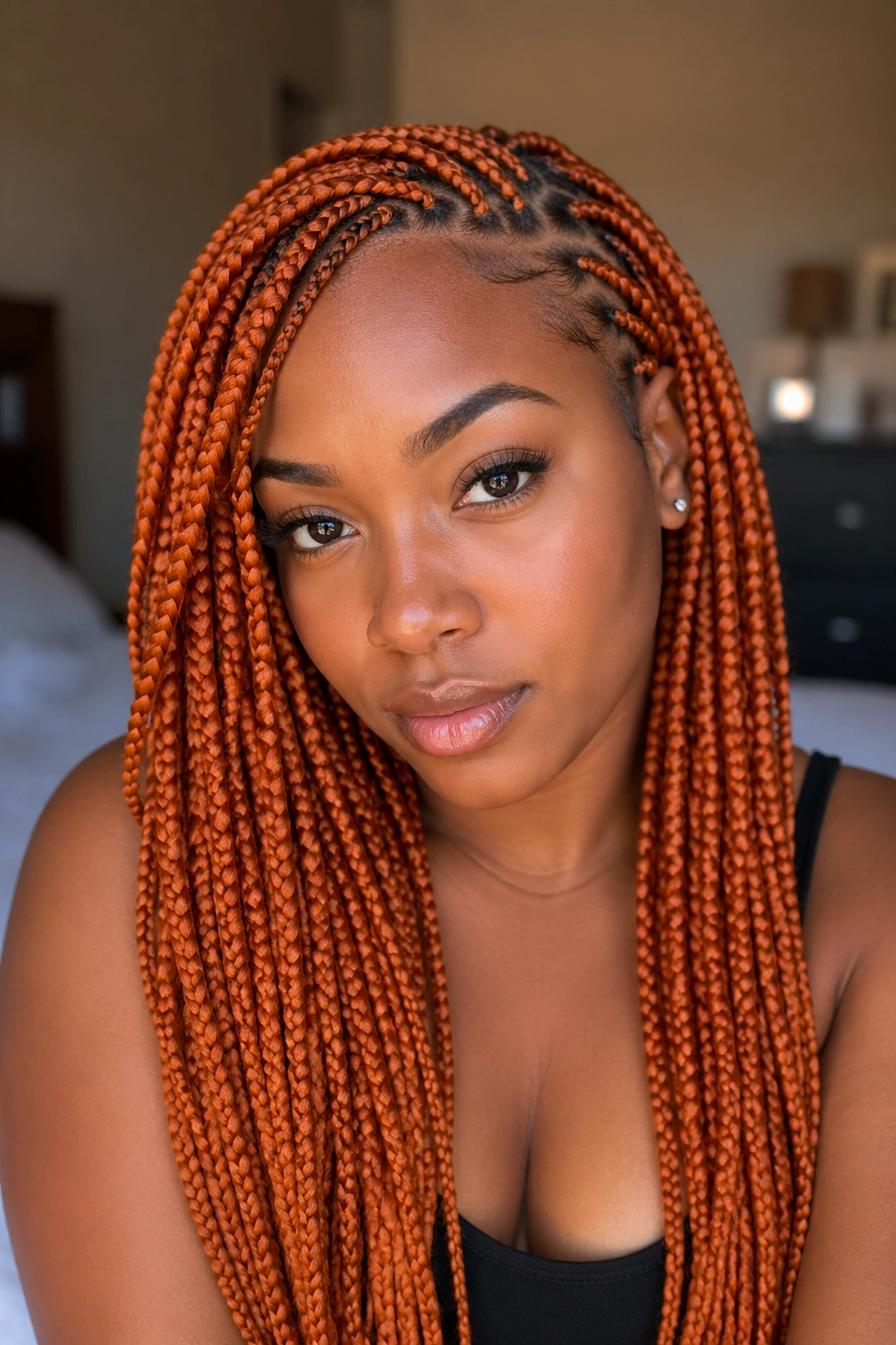 Close-up of a real woman with a deep side-part orange box braid hairstyle
