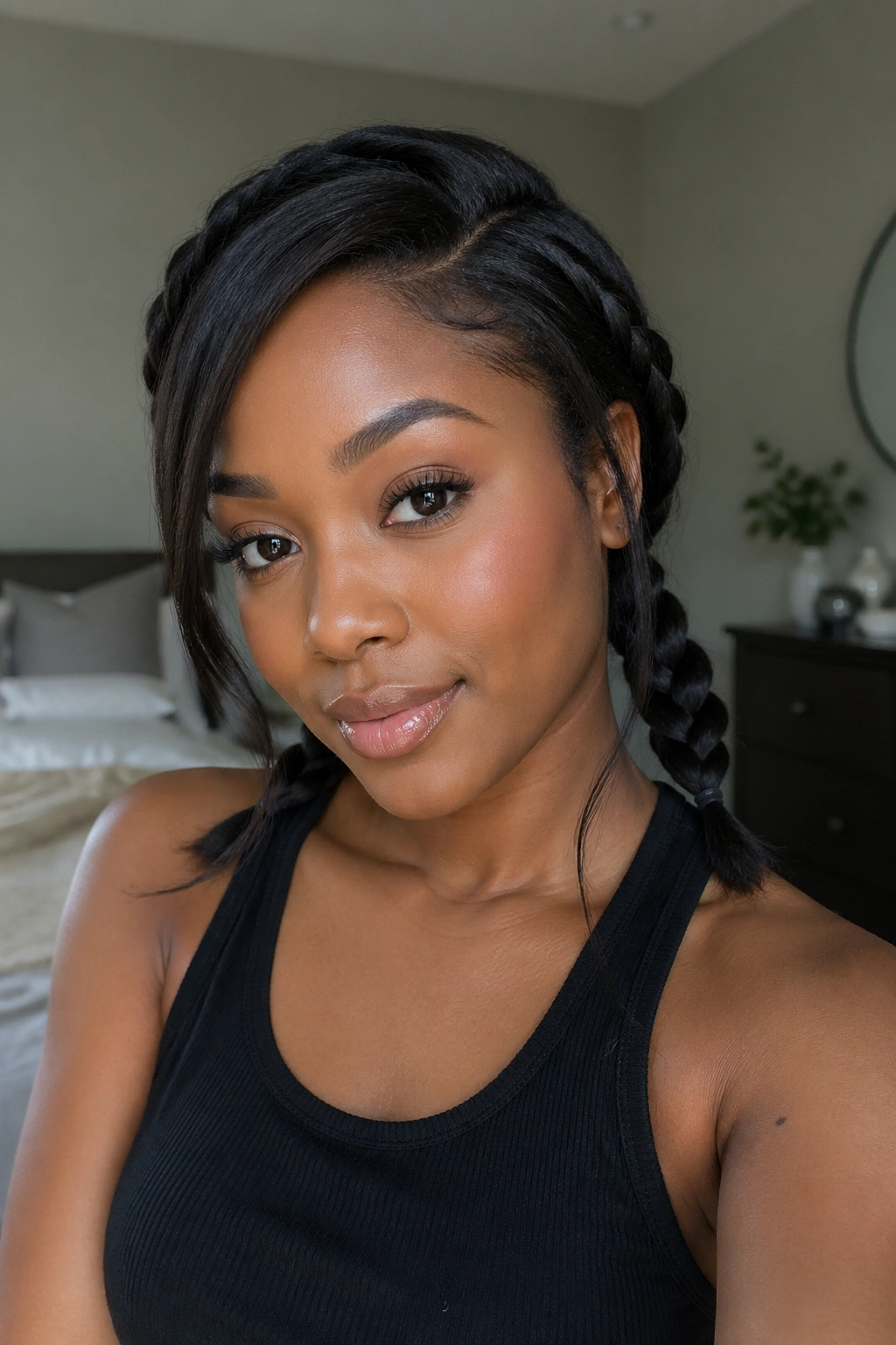 Close-up of a real woman with a side-part low pigtail braids in a calm bedroom setting.