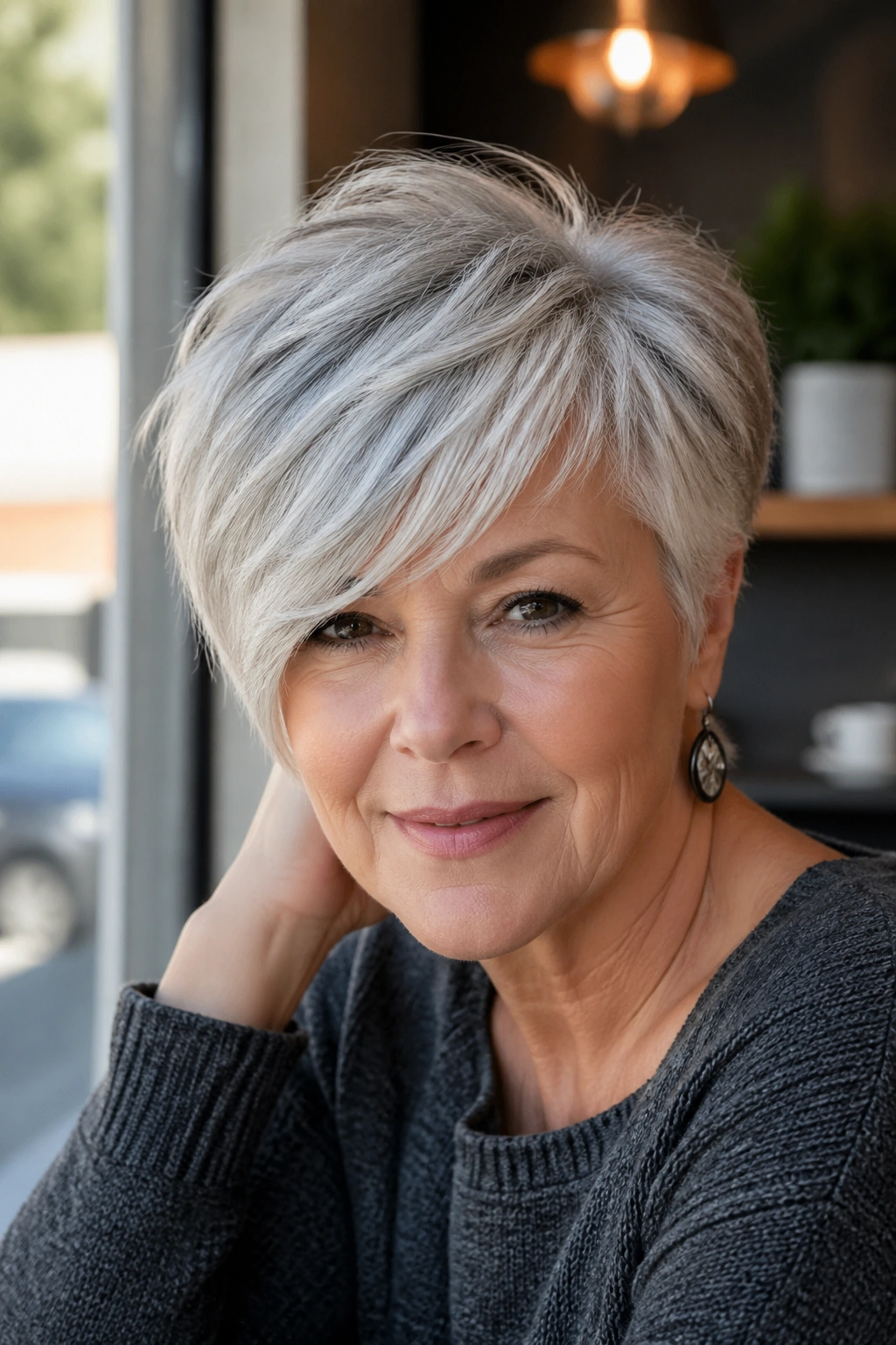 Close-up of a real woman with side-part shaggy pixie and full fringe in cafe daylight