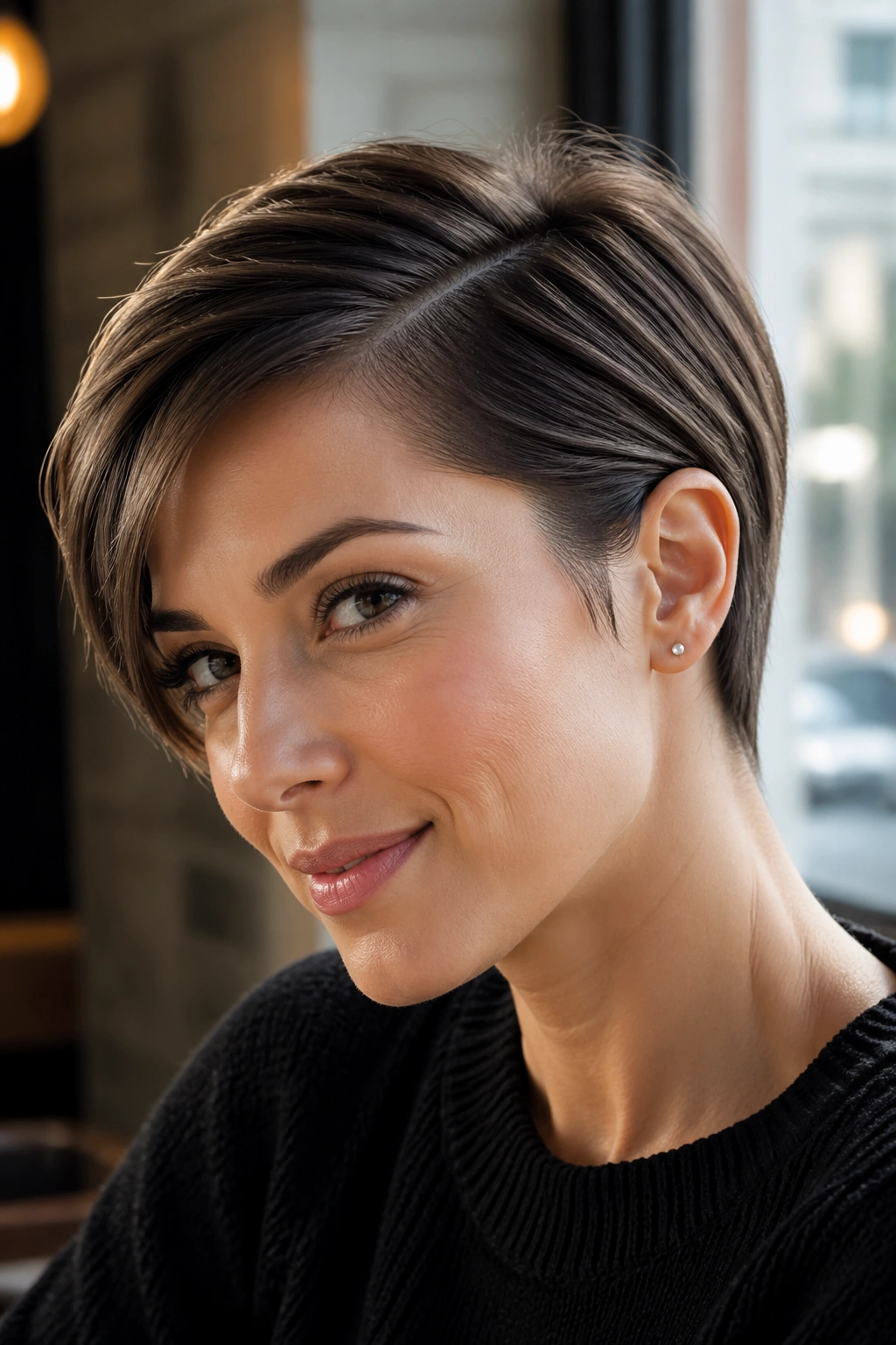 Close-up of a woman with side-part pixie and tucked ear detail in natural light