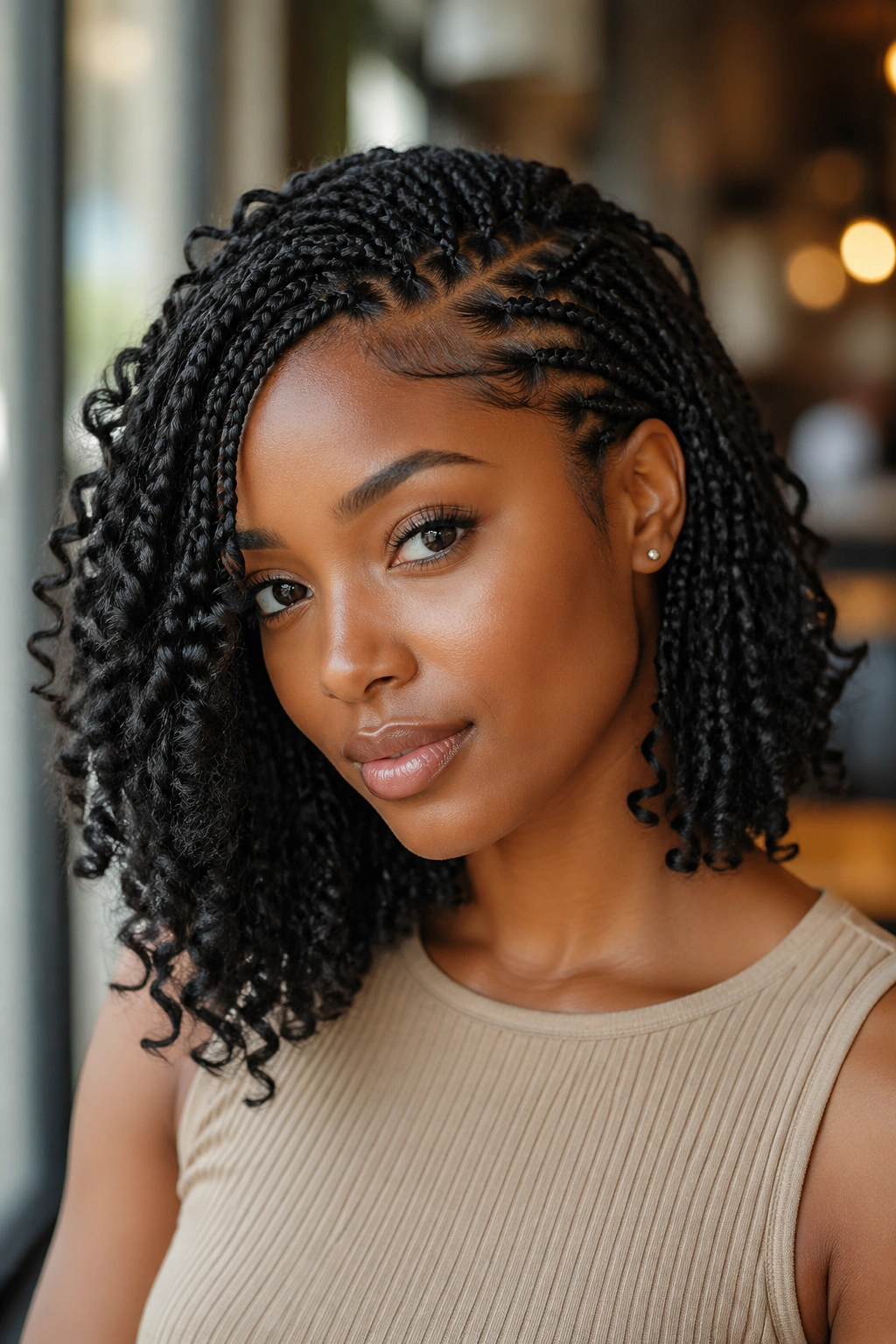 Real person with side-part knotless short boho braids