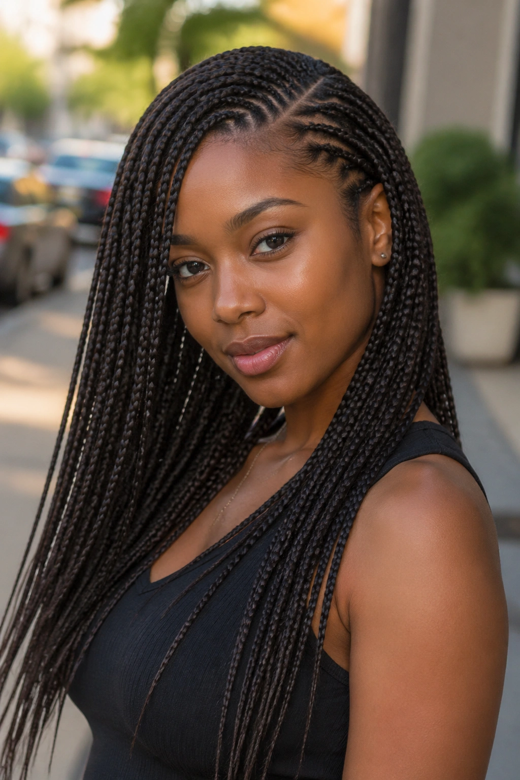 Close-up portrait of a woman with a deep side-part and long tree braids outdoors
