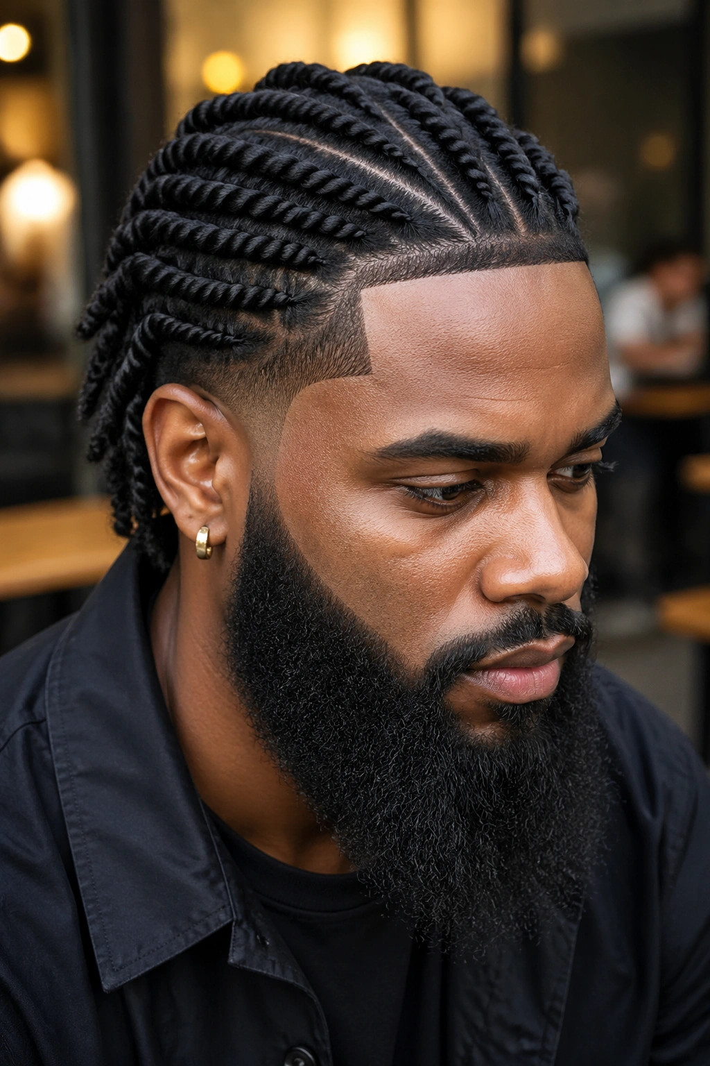 Real man with side-part twist braids and a sharp lineup in an urban cafe setting