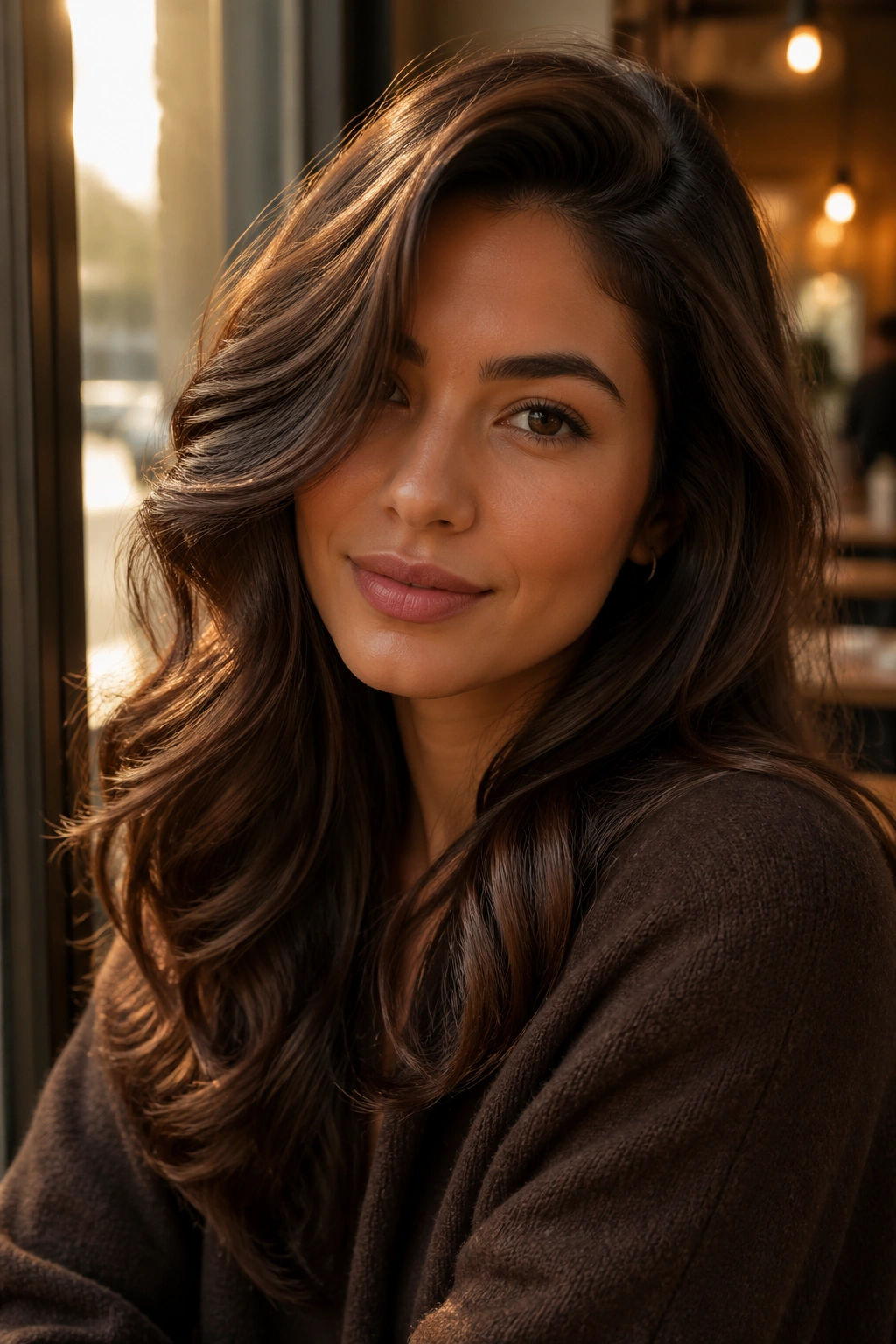 Close-up of a woman with warm chocolate side-part waves in cafe window light